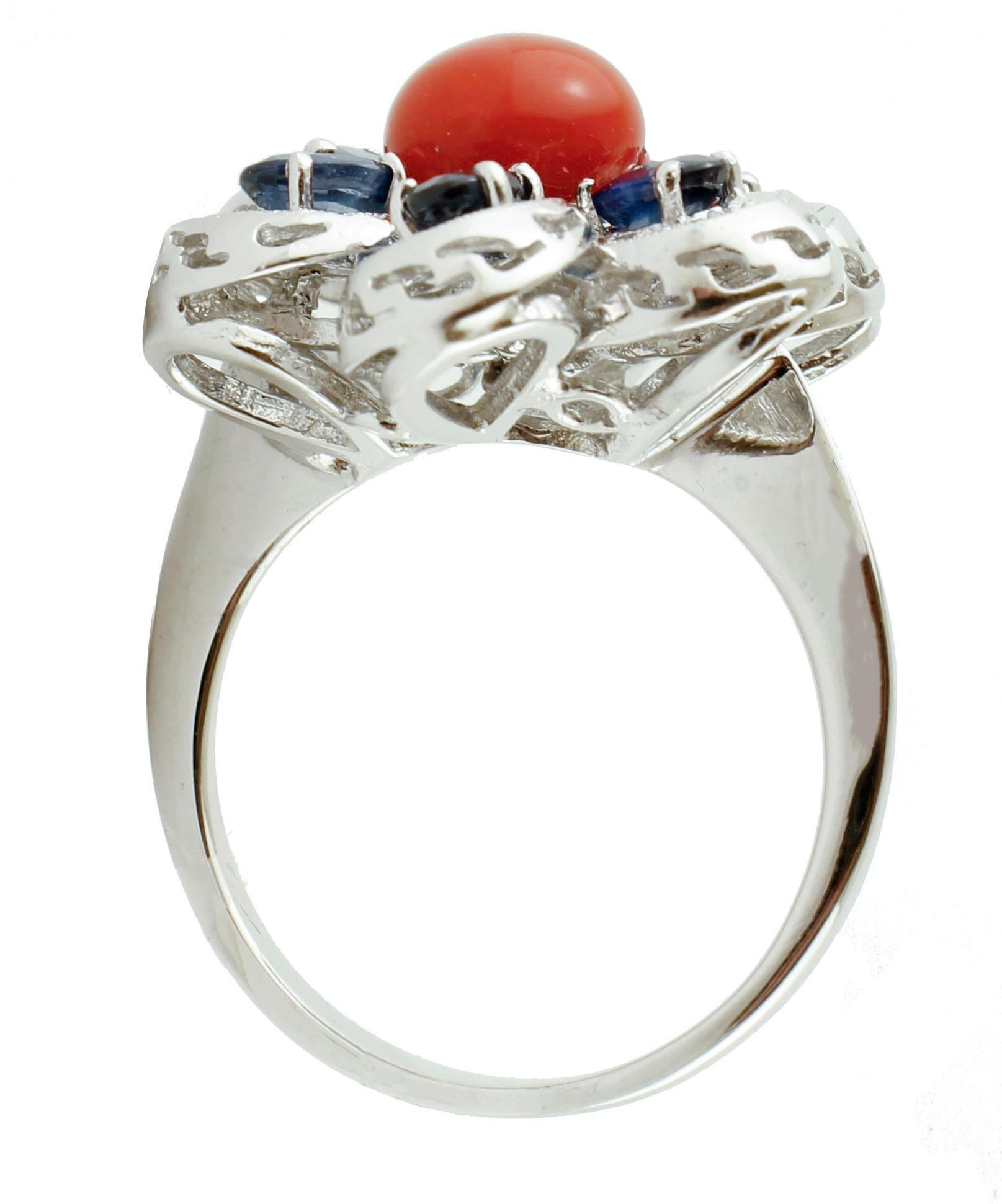 Oval Cut Red Coral Button Blue Sapphires, Diamonds, 18 Karat Gold Flower Shape Retrò Ring