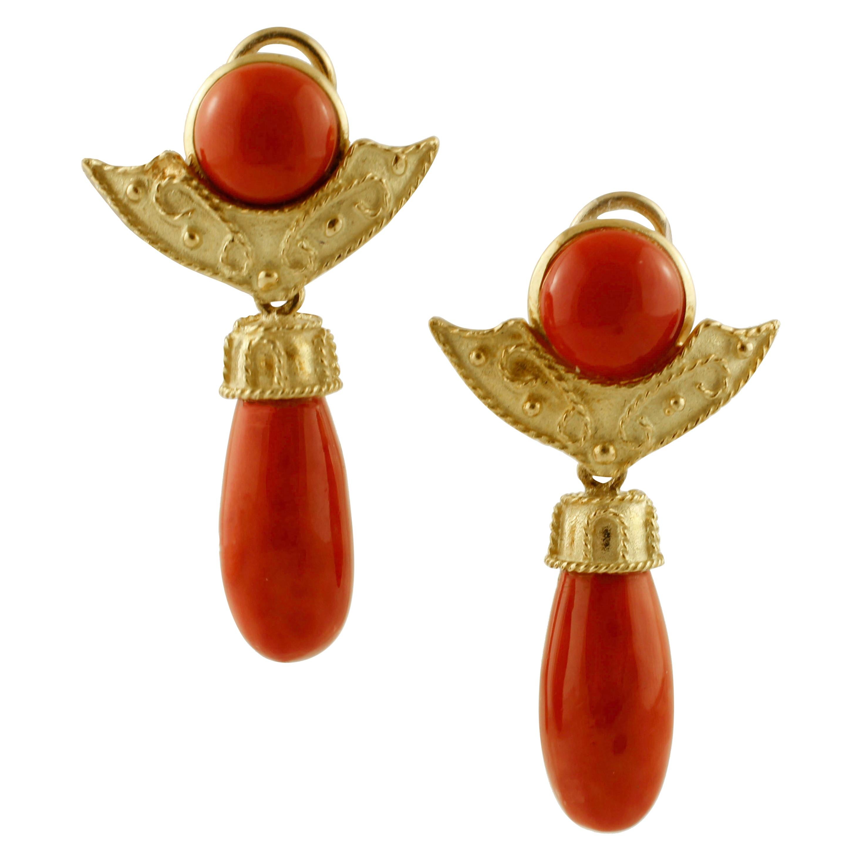 Red Coral Buttons and Drops, 18 Karat Yellow Gold Clip-On/Drop Earrings For Sale