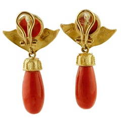 Red Coral Buttons and Drops, 18 Karat Yellow Gold Clip-On/Drop Earrings
