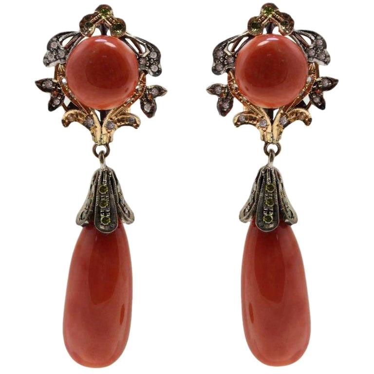 Red Coral Buttons and Drops Sapphire Diamonds, Rose Gold Silver Clip-On Earrings For Sale