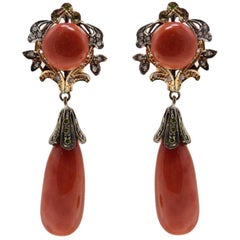 Vintage Red Coral Buttons and Drops Sapphire Diamonds, Rose Gold Silver Clip-On Earrings