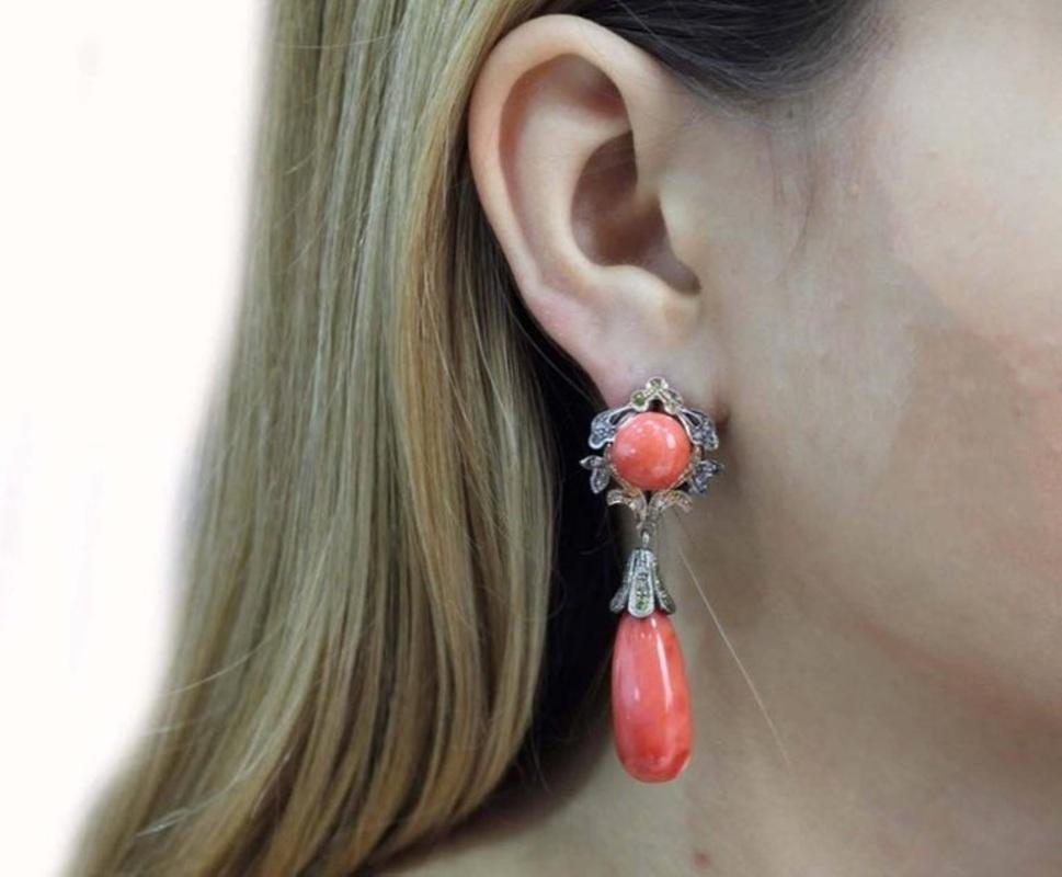 Red Coral Buttons and Drops Sapphire Diamonds, Rose Gold Silver Clip-On Earrings In Good Condition For Sale In Marcianise, Marcianise (CE)