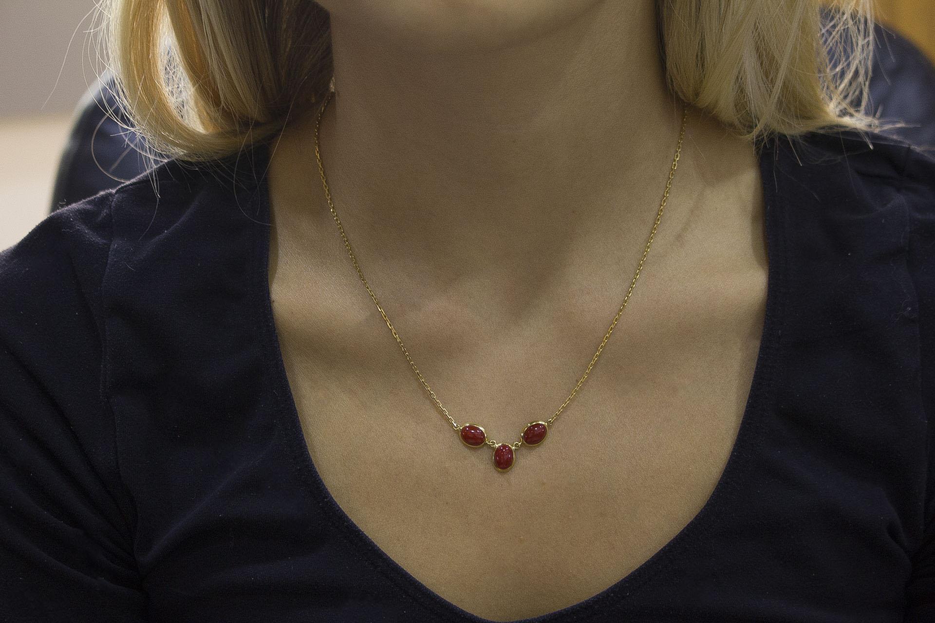 Women's Red Coral Buttons Yellow Gold Pendant Necklace