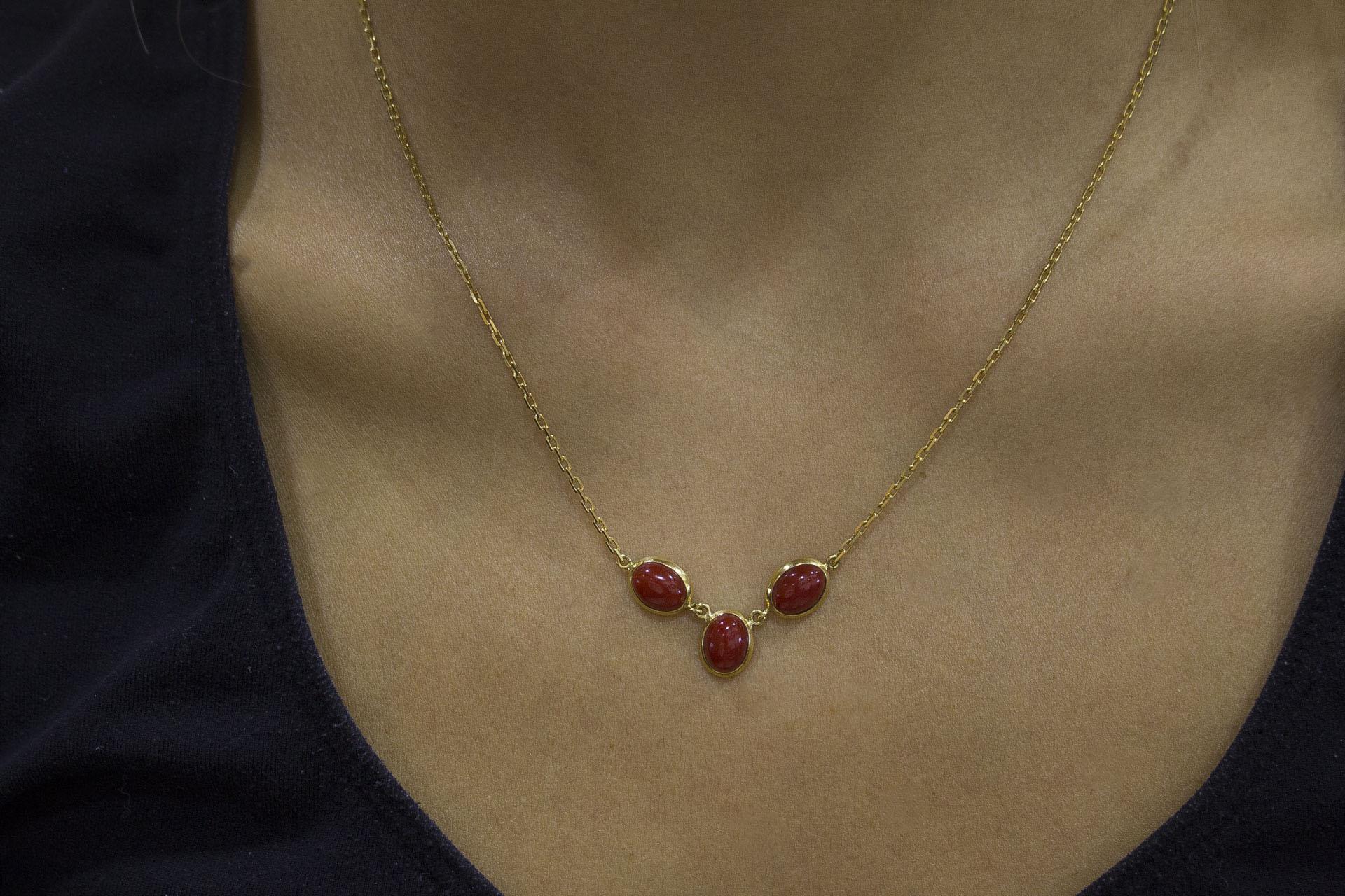 Red Coral Buttons Yellow Gold Pendant Necklace 1