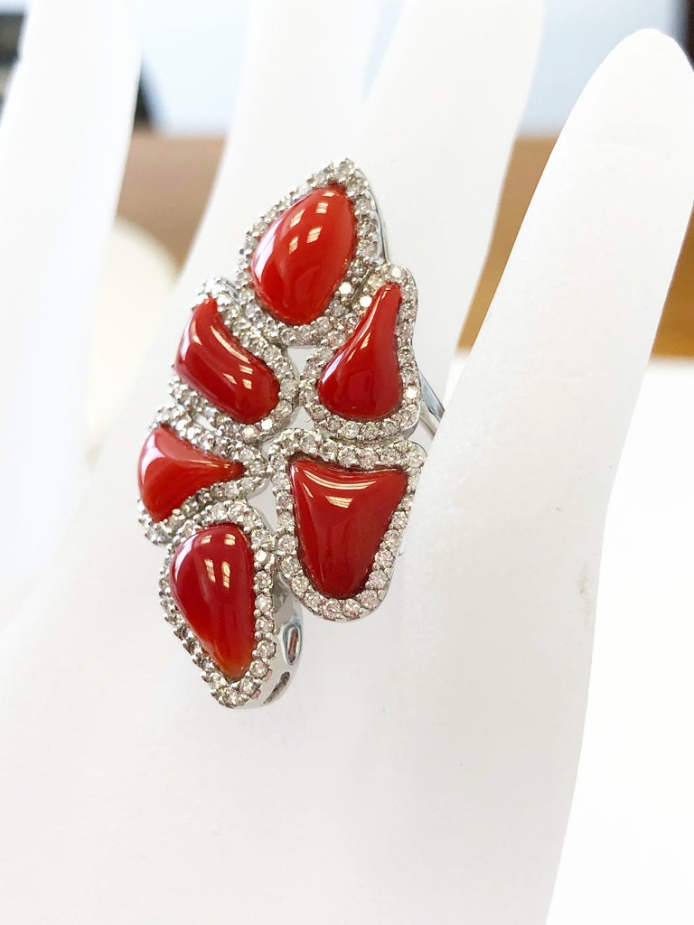 Red Coral Cabochon and White Diamond Cocktail Ring in 18 Karat White ...