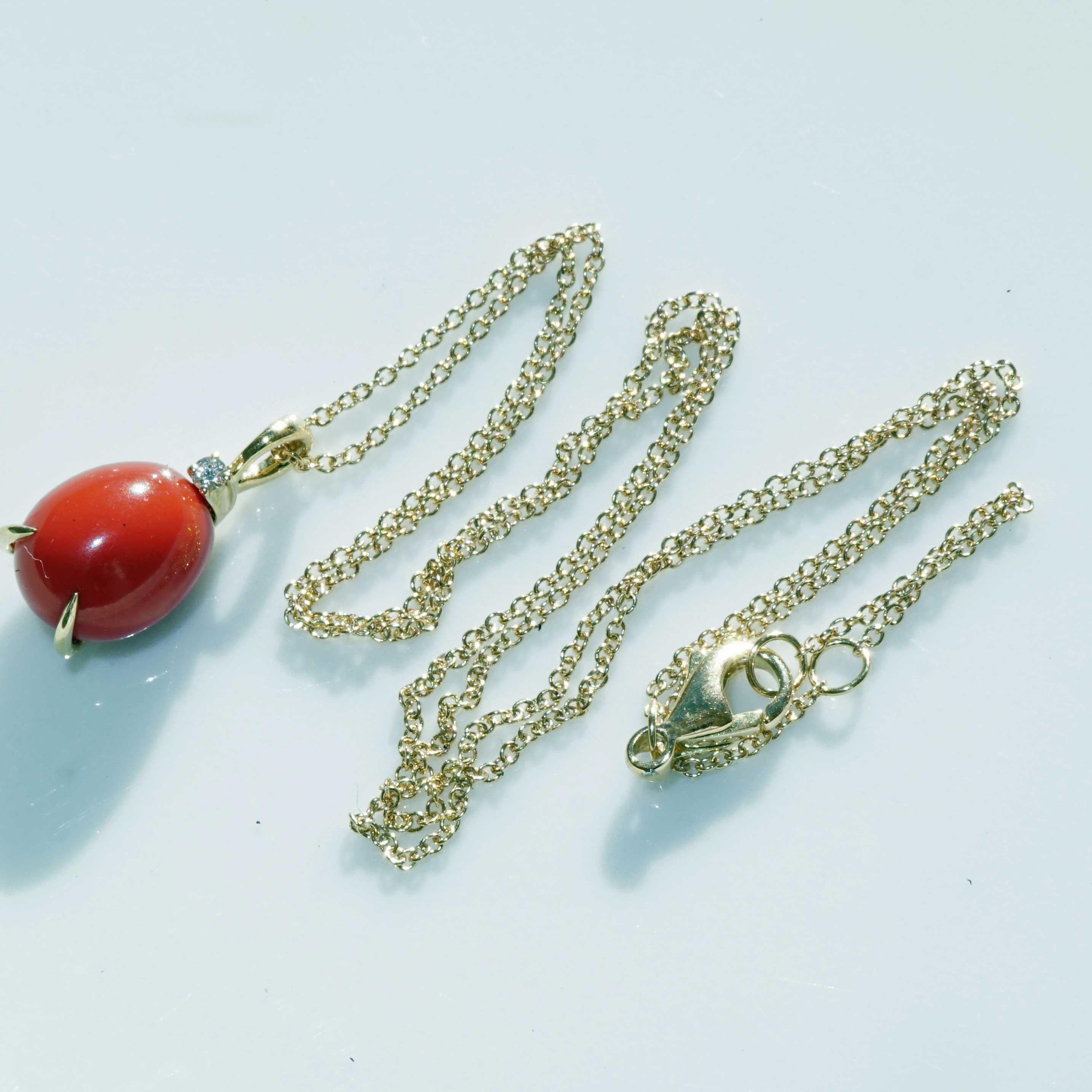 Red Coral Cabochon Drop Brilliant Pendant with Chain soooo sweet made in Italy  For Sale 4