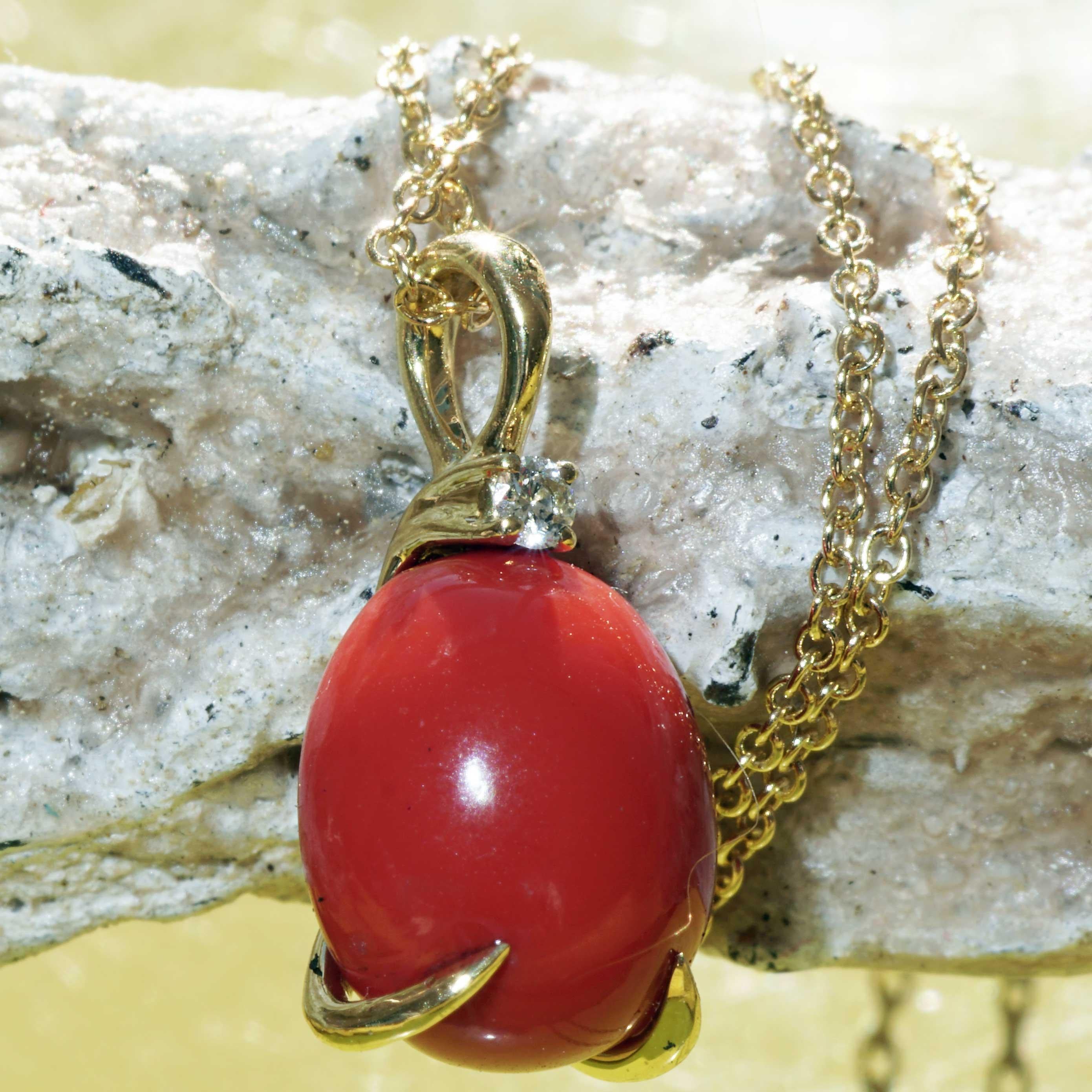 Red Coral Cabochon Drop Brilliant Pendant with Chain soooo sweet made in Italy  For Sale 5