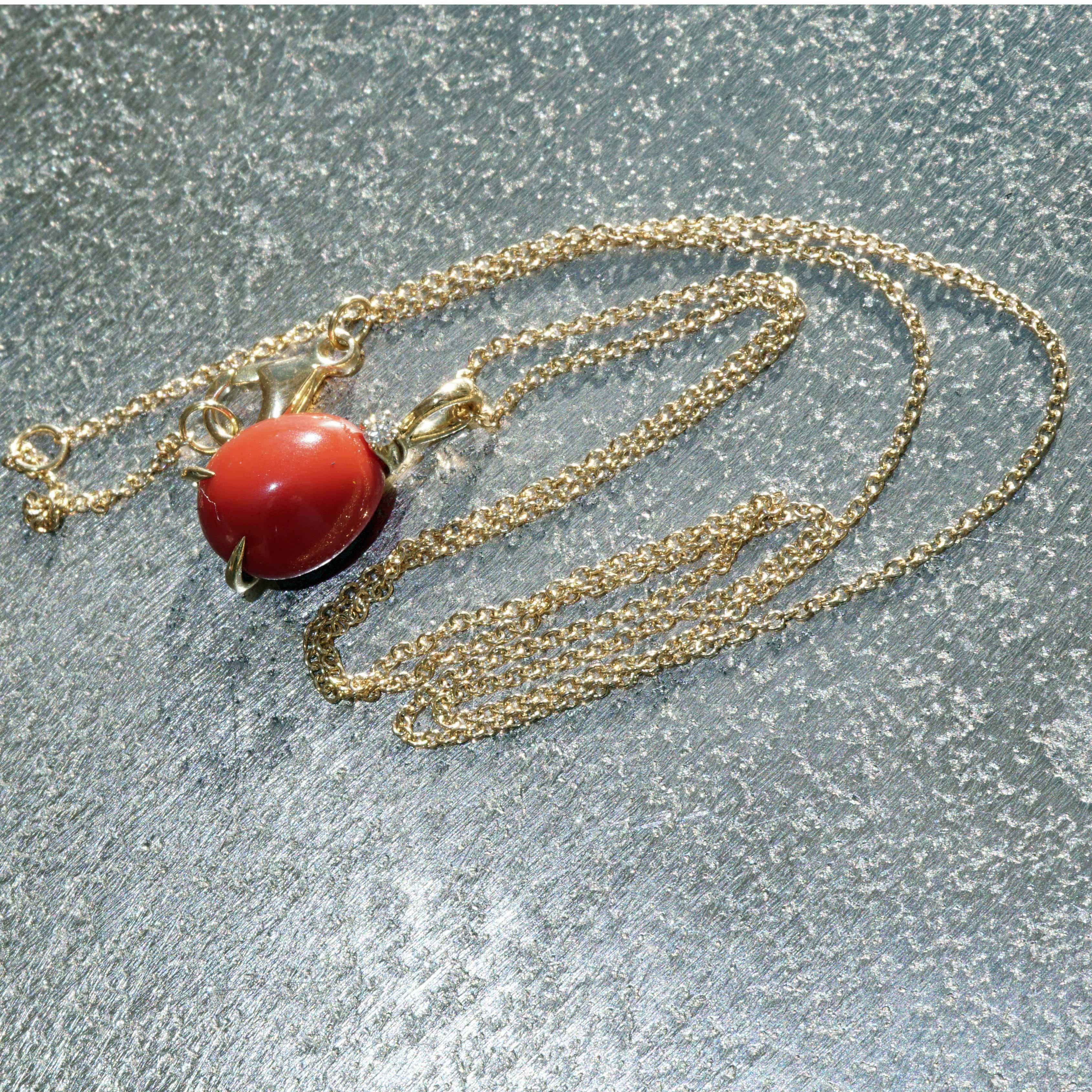Red Coral Cabochon Drop Brilliant Pendant with Chain soooo sweet made in Italy  For Sale 6