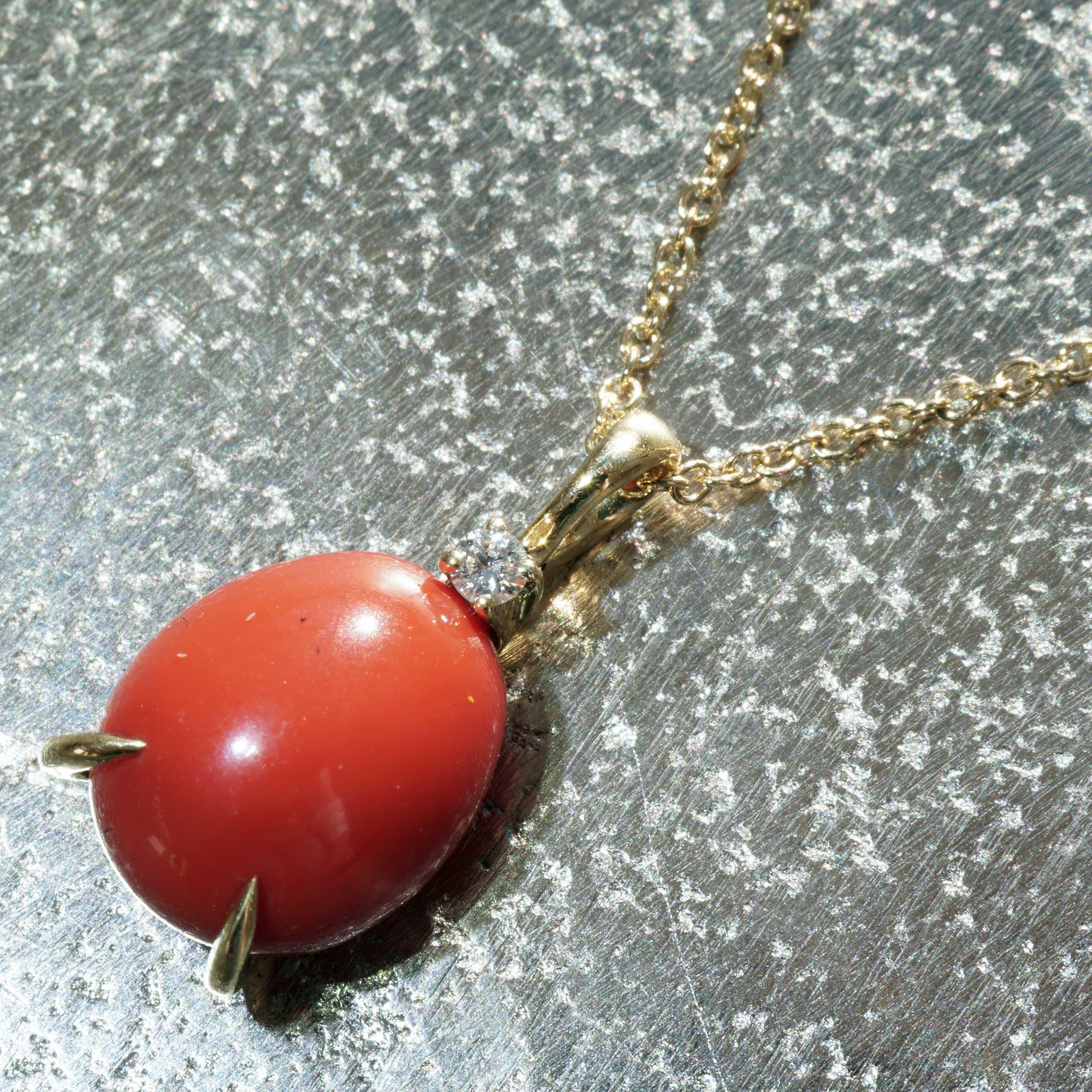 Red Coral Cabochon Drop Brilliant Pendant with Chain soooo sweet made in Italy  For Sale 7
