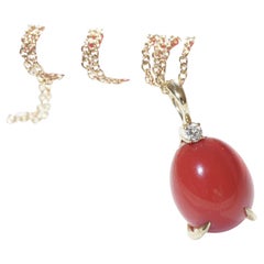 Red Coral Cabochon Drop Brilliant Pendant with Chain soooo sweet made in Italy