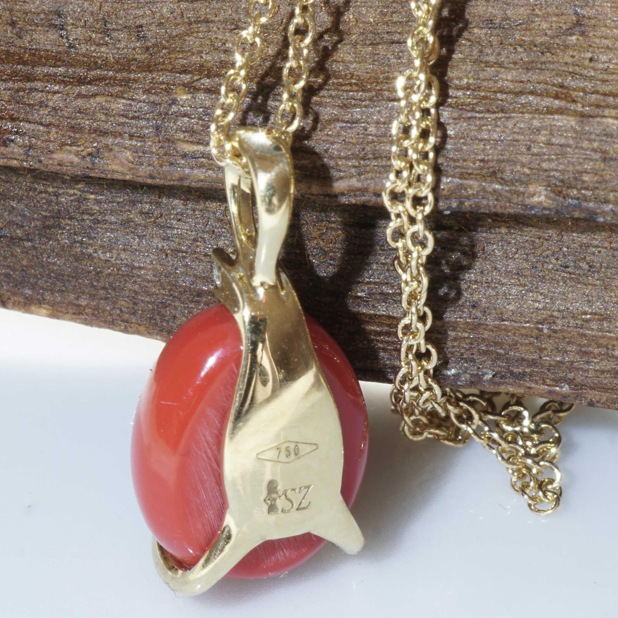 Modern Red Coral Cabochon Drop Brilliant Pendant with Chain soooo sweet made in Italy  For Sale