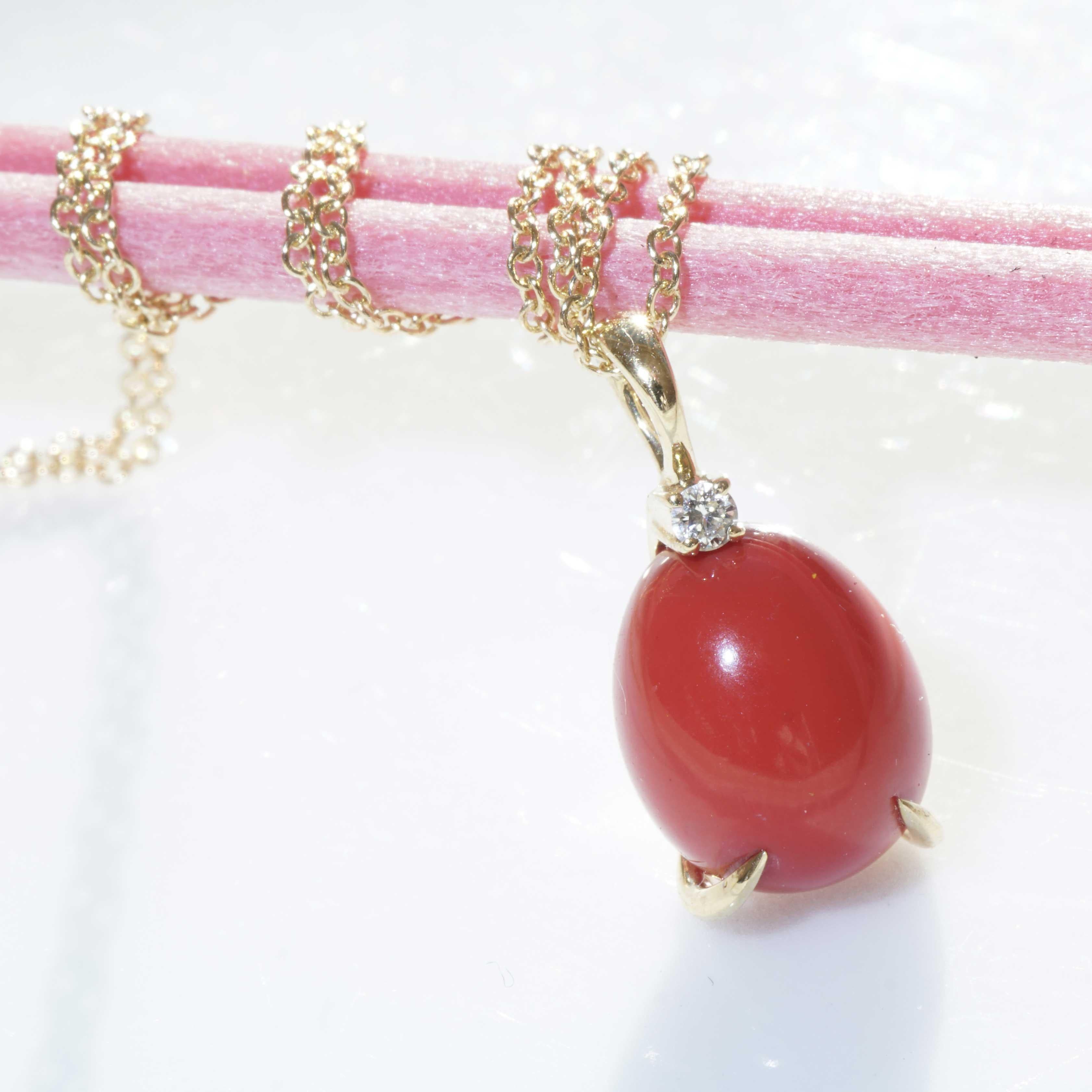 Brilliant Cut Red Coral Cabochon Drop Brilliant Pendant with Chain soooo sweet made in Italy  For Sale