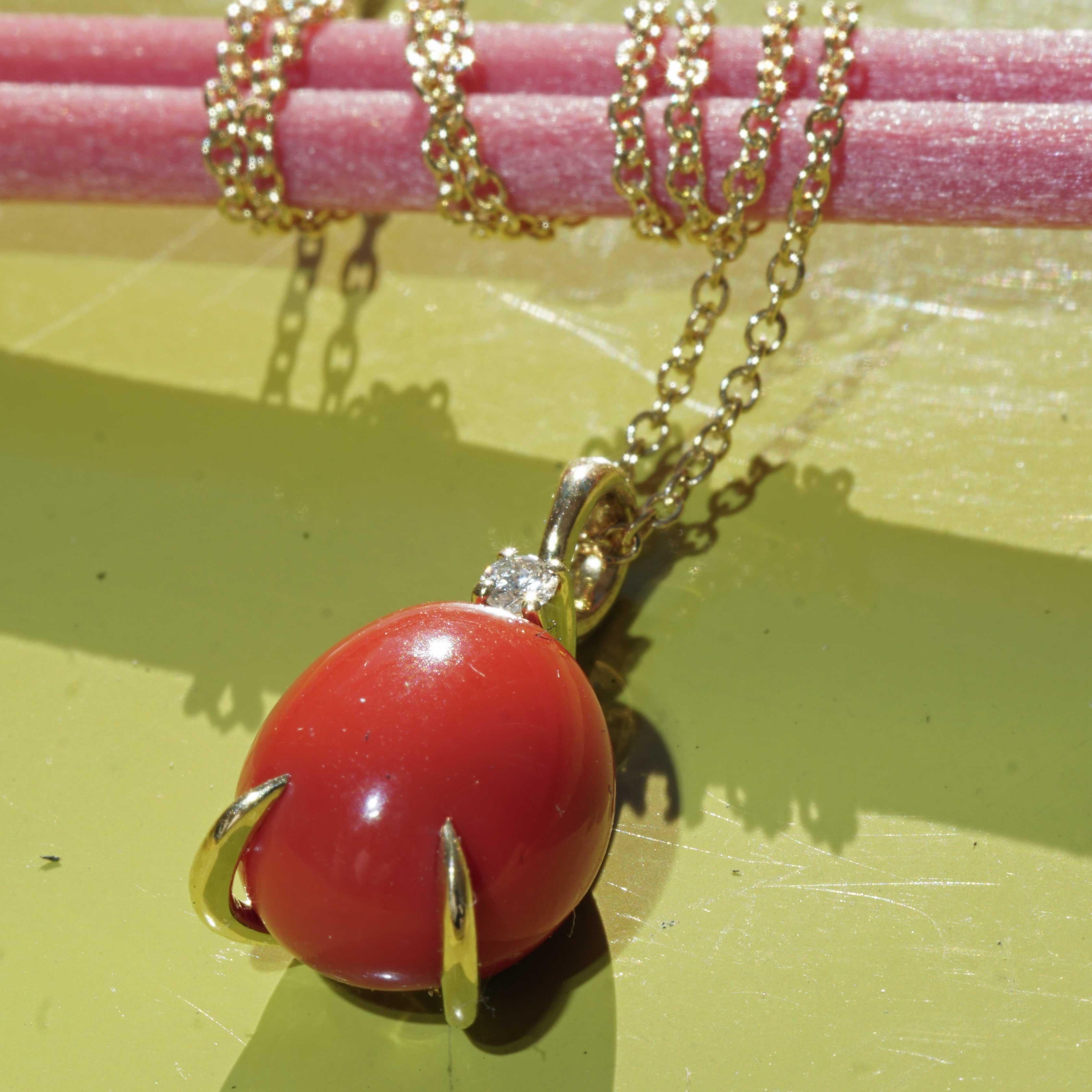 Women's or Men's Red Coral Cabochon Drop Brilliant Pendant with Chain soooo sweet made in Italy  For Sale