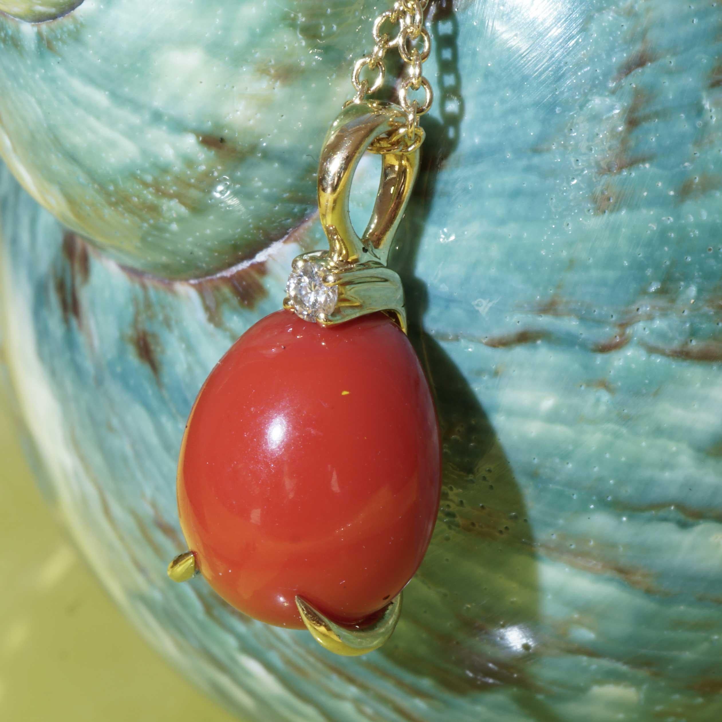 Red Coral Cabochon Drop Brilliant Pendant with Chain soooo sweet made in Italy  For Sale 1