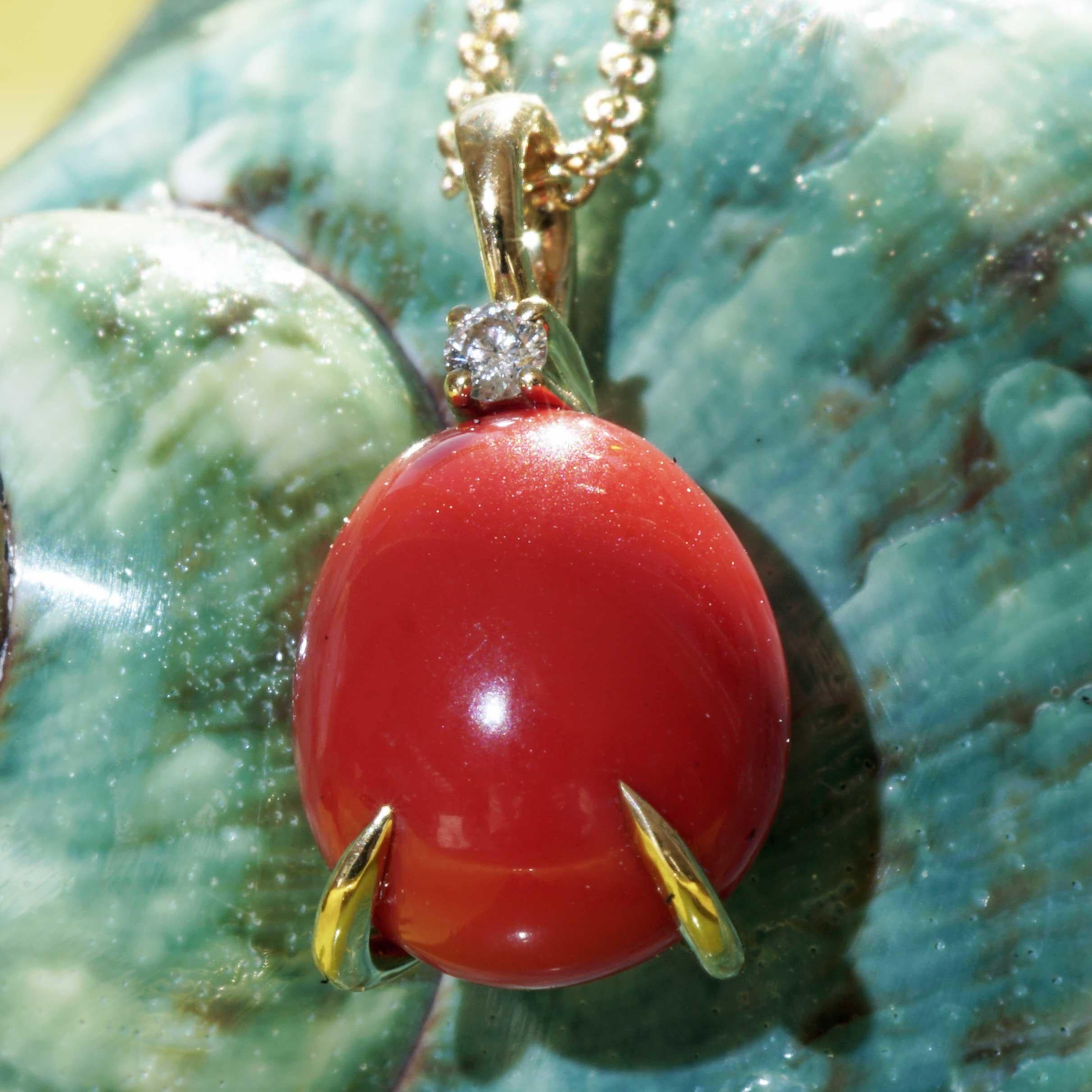 Red Coral Cabochon Drop Brilliant Pendant with Chain soooo sweet made in Italy  For Sale 2
