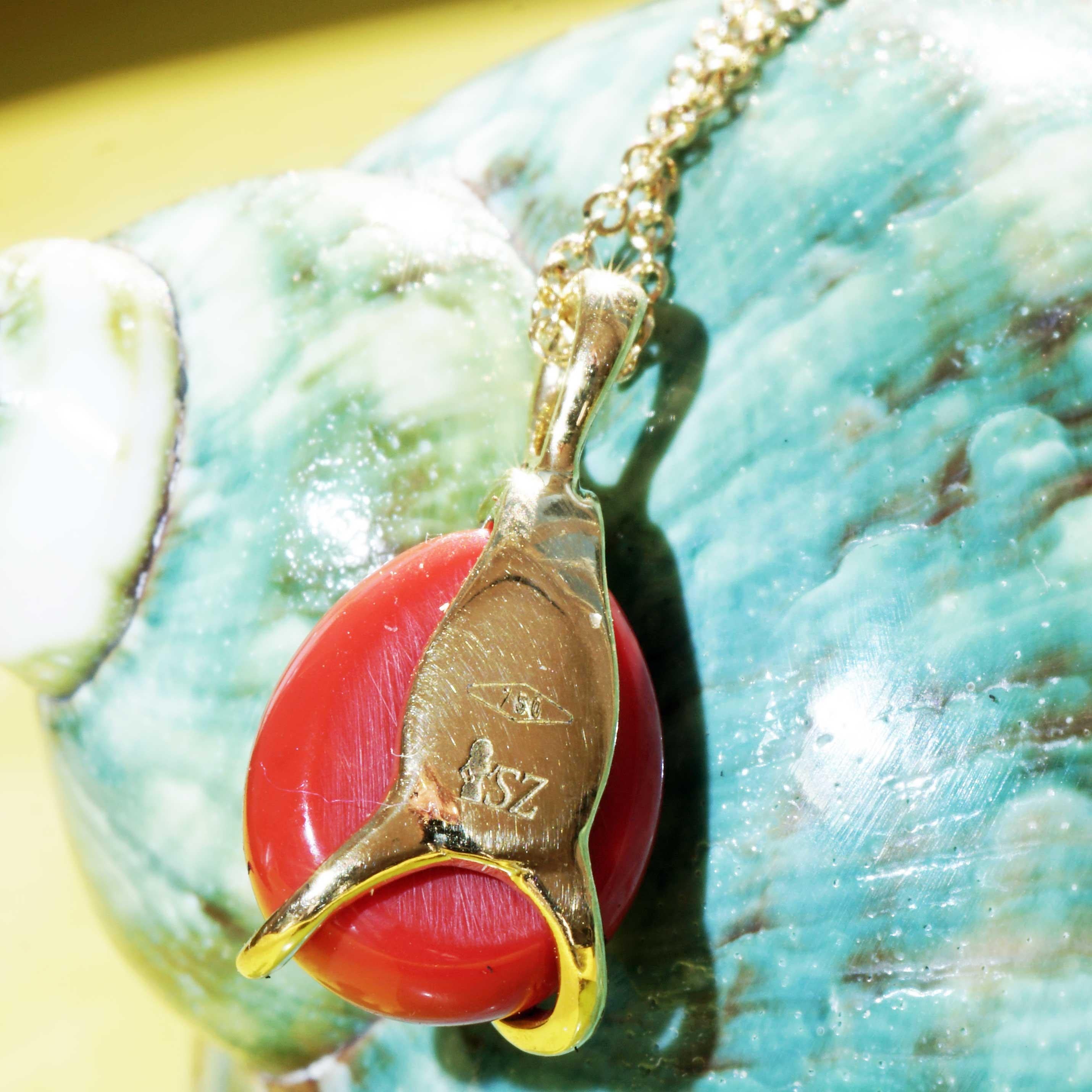Red Coral Cabochon Drop Brilliant Pendant with Chain soooo sweet made in Italy  For Sale 3