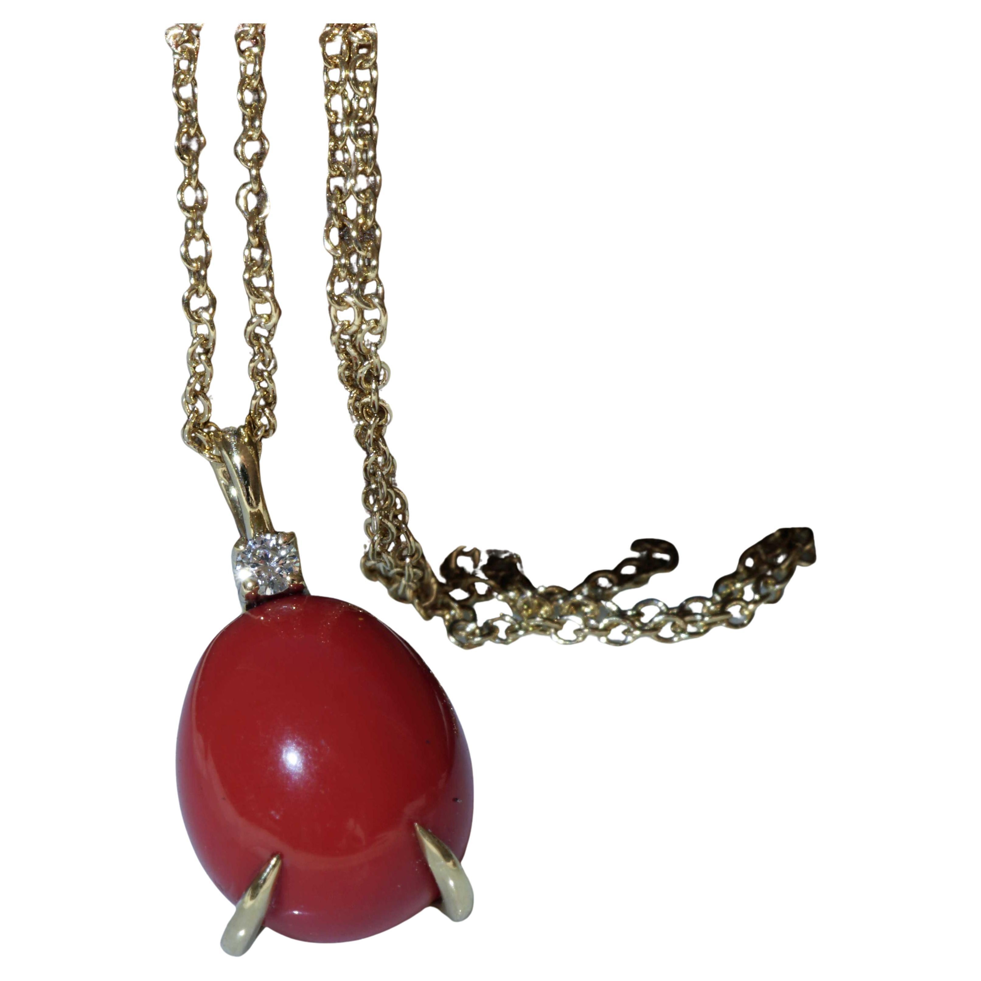Red Coral Cabochon Drop Brilliant Pendant with Chain soooo sweet made in Italy  For Sale