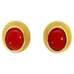 Red Coral Cabochon Earrings 18K Yellow Gold