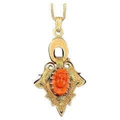 Red Coral Cameo Enamel Pendant Necklace 14 Karat Gold Boy Male God Victorian
