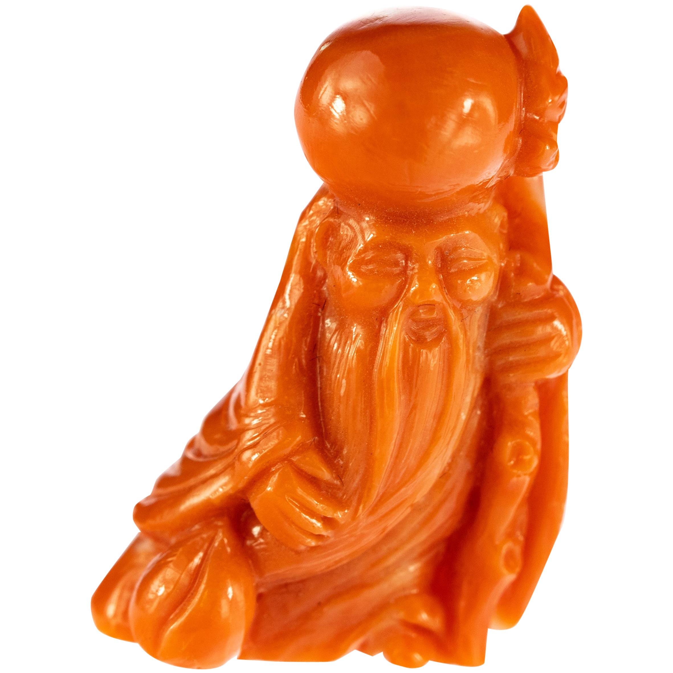 Red Coral Chinese Wise Man Hand Carved Statue Asian Art Meditation Sculpture For Sale