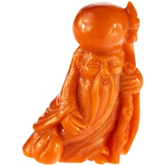 Red Coral Chinese Wise Man Hand Carved Statue Asian Art Meditation Sculpture