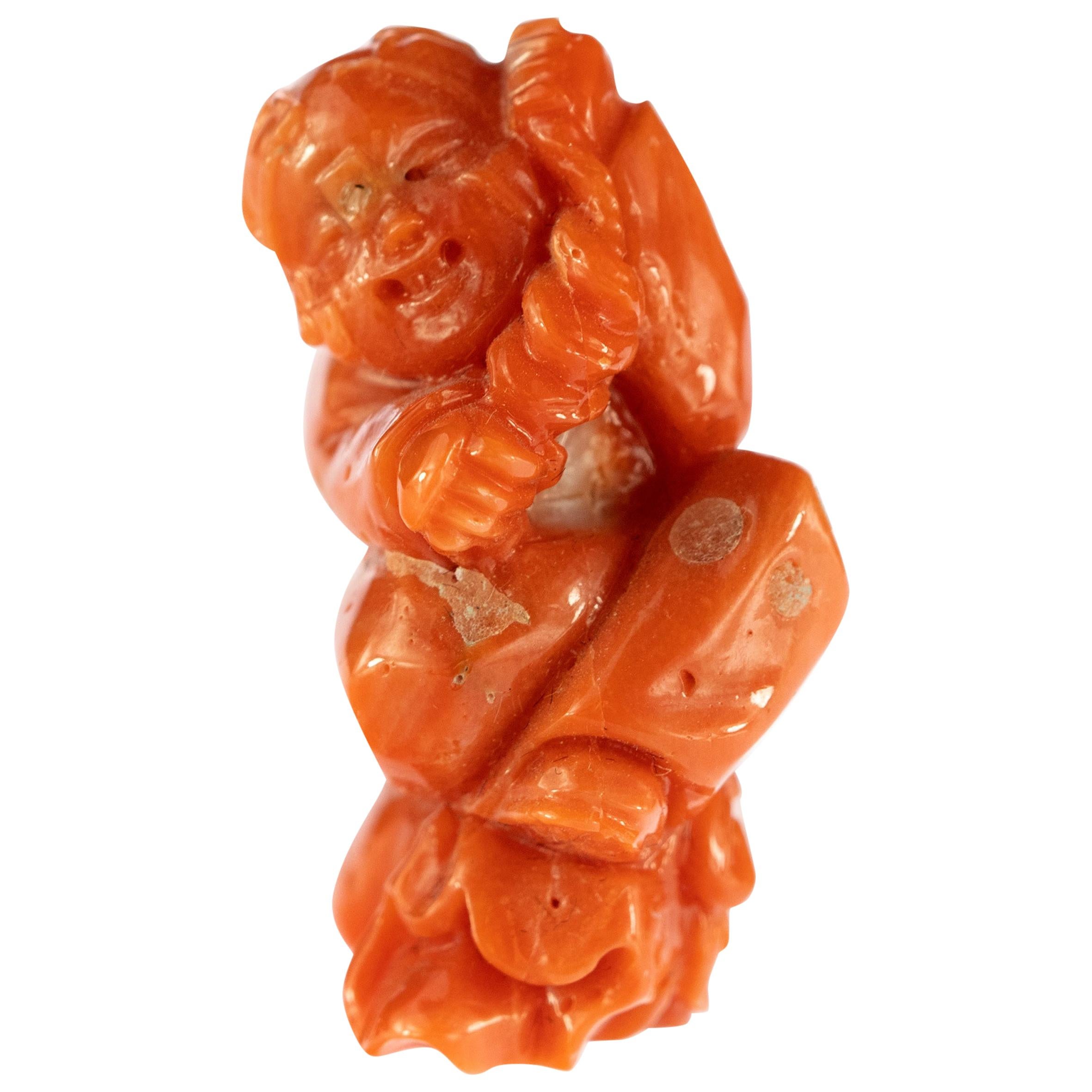 Red Coral Chinese Wise man Hand Carved Statue Asian Art Meditation Sculpture For Sale