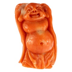 Red Coral Chinese Wise man Hand Carved Statue Asian Art Meditation Sculpture