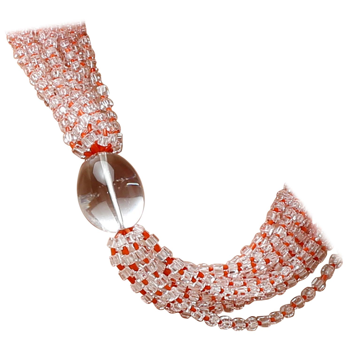 Collana a più fili con cristalli di corallo rosso e corallo di rocca in argento dorato 925 in vendita