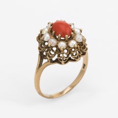 Red Coral Cultured Pearl Cocktail Ring Vintage 9k Gold English Hallmark Jewelry