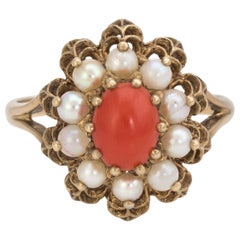 Red Coral Cultured Pearl Cocktail Ring Vintage 9k Gold English Hallmark Jewelry