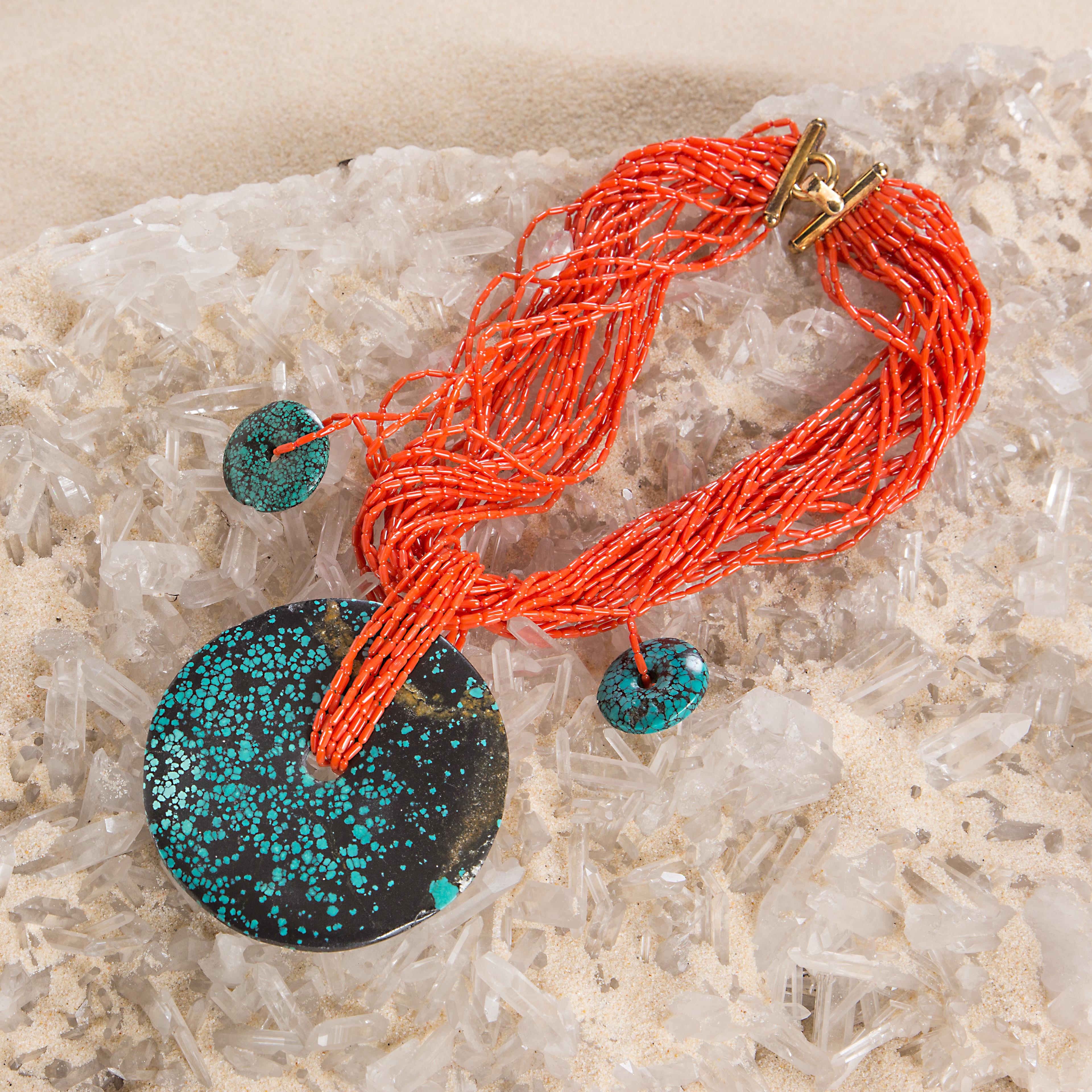 Art Deco Red Coral Dark Jade Pendant 925 Gilded Silver Multi Strand Beaded Necklace