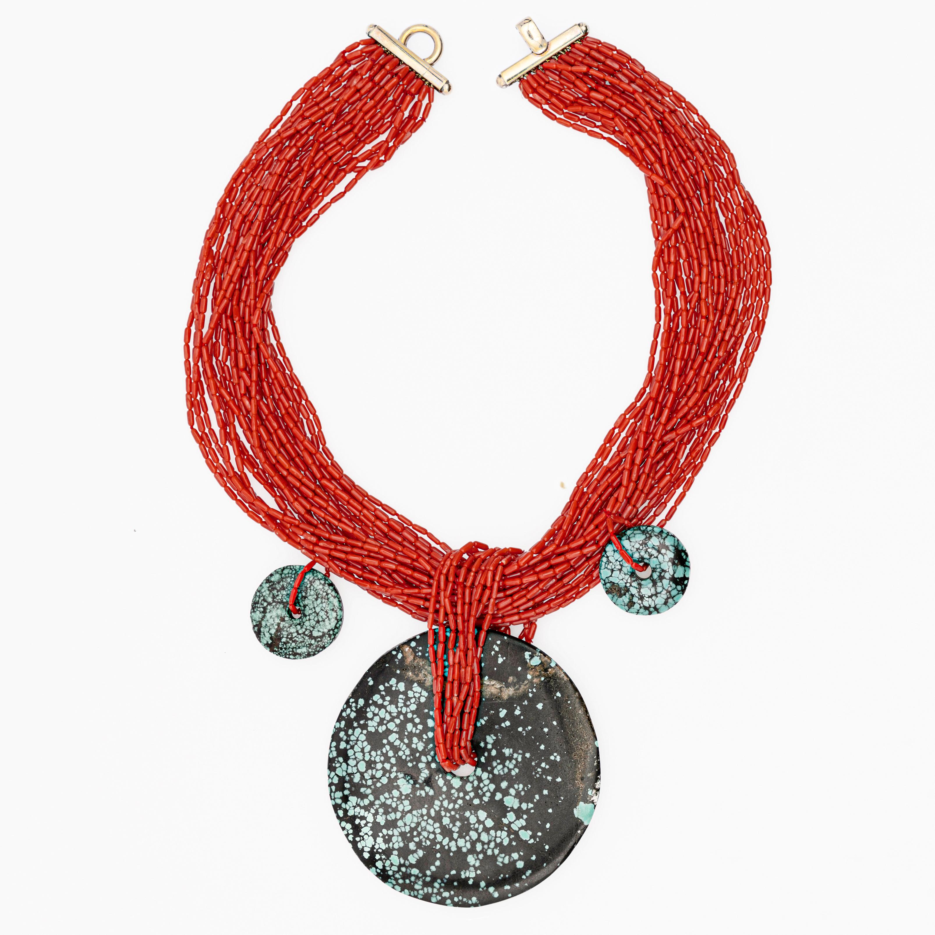 Red Coral Dark Jade Pendant 925 Gilded Silver Multi Strand Beaded Necklace 2