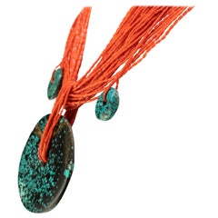 Red Coral Dark Jade Pendant 925 Gilded Silver Multi Strand Beaded Necklace
