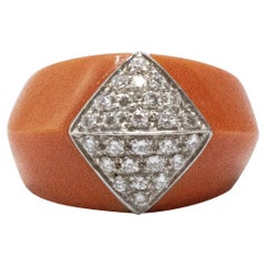 Vintage Red Coral Diamond 18 Karat Gold Ring