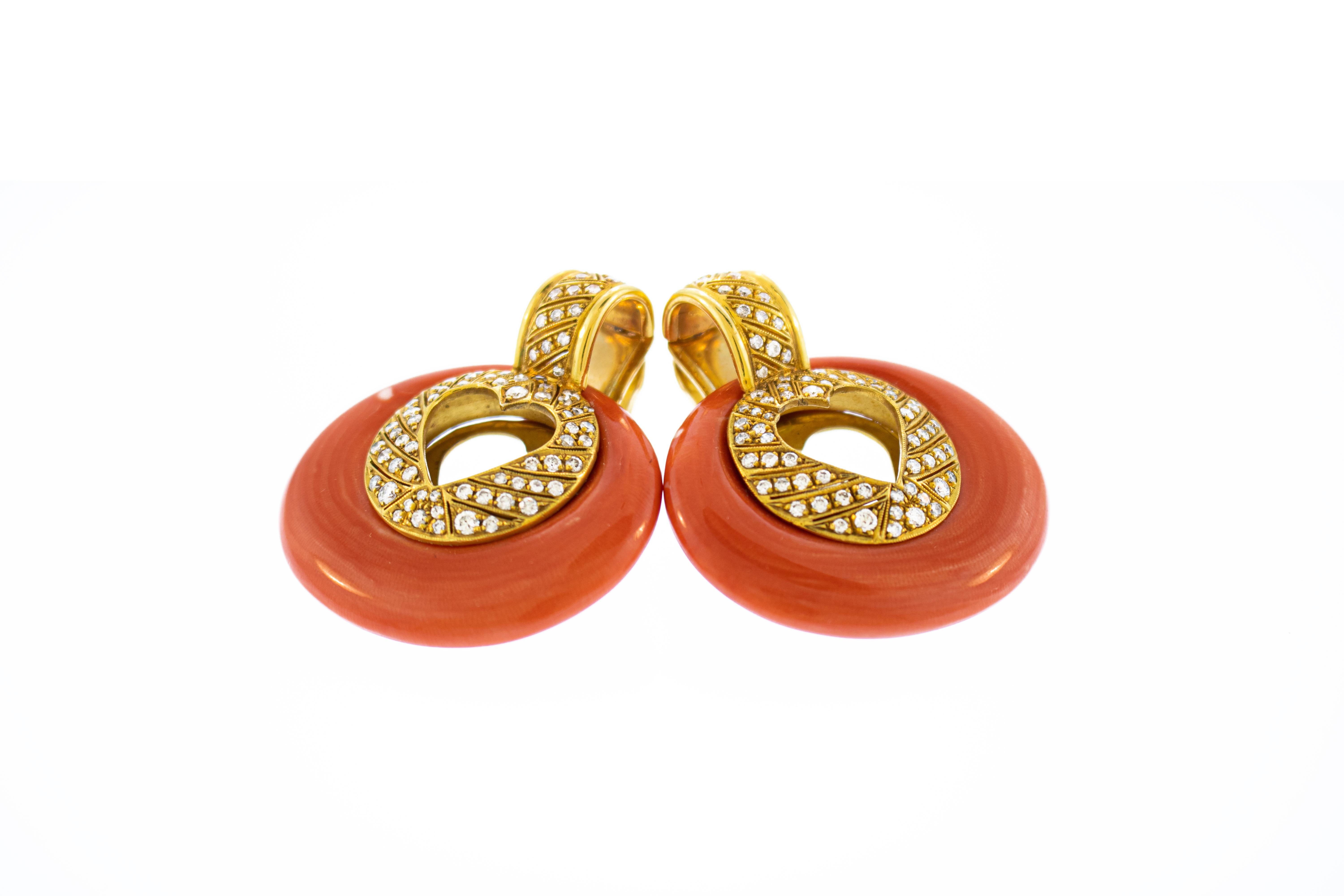 Beautiful 18k gold red coral and diamond earrings. Total weight of 54 grams. total carat weight of the diamonds is approximately 3 carats