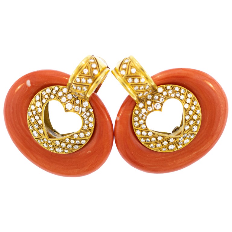 Red Coral Diamond 18 Karat Gold Creole Earrings For Sale