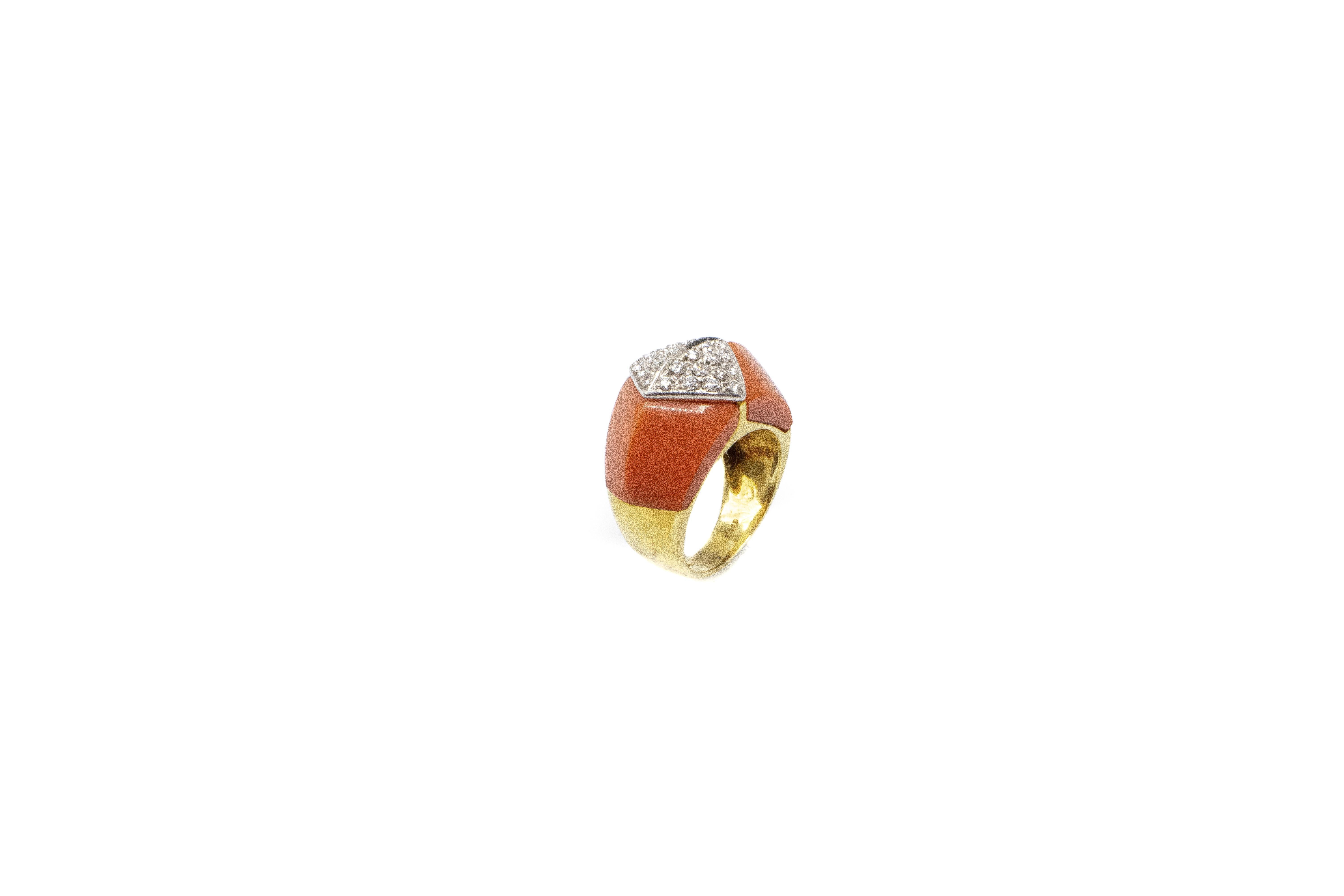 Women's or Men's Red Coral Diamond 18 Karat Gold Ring