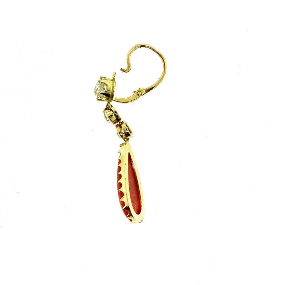 Round Cut Red Coral Diamond 18 Karat Yellow Gold Dangle Drop Earrings