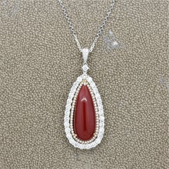 Red Coral Diamond Double-Halo Gold Drop Pendant