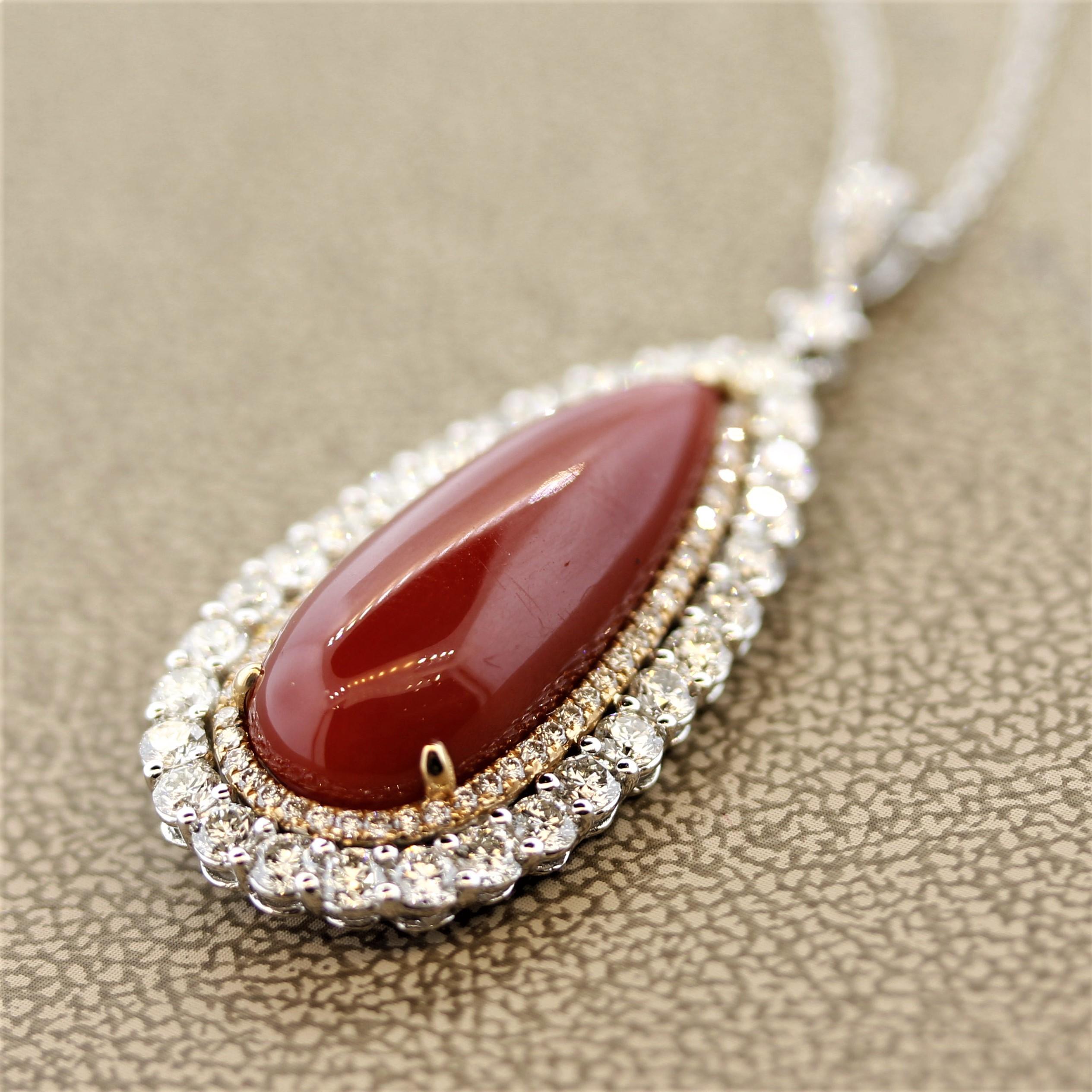 Mixed Cut Red Coral Diamond Double-Halo Gold Drop Pendant For Sale