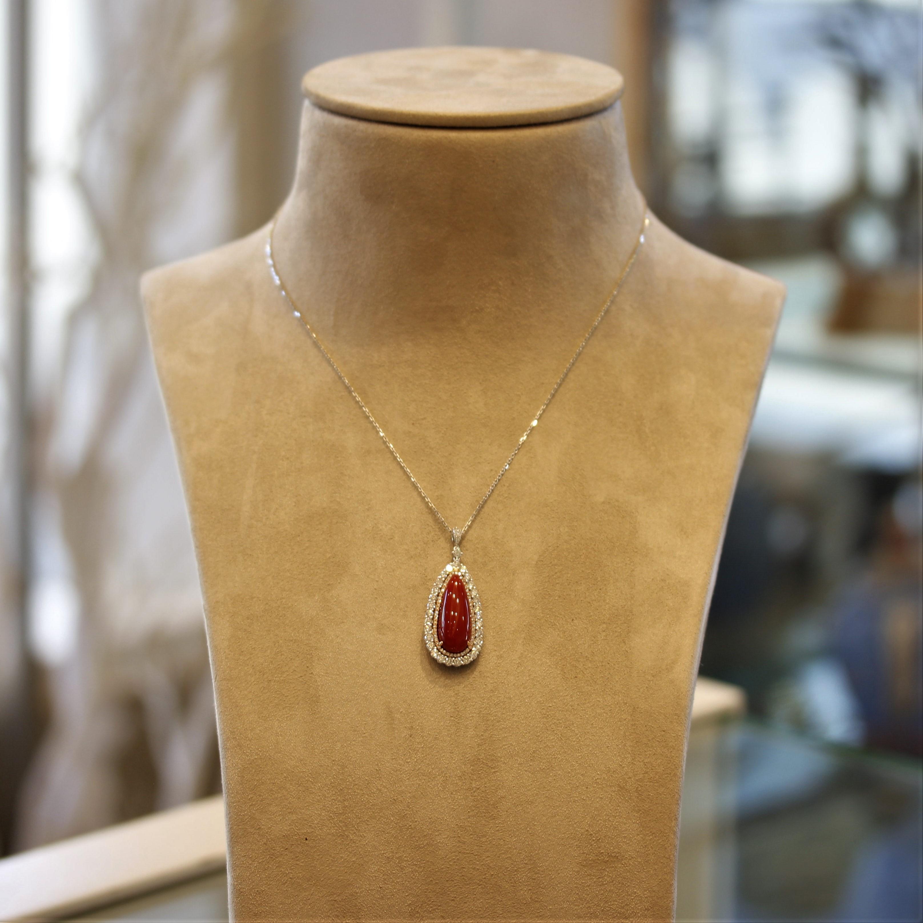 Women's Red Coral Diamond Double-Halo Gold Drop Pendant For Sale