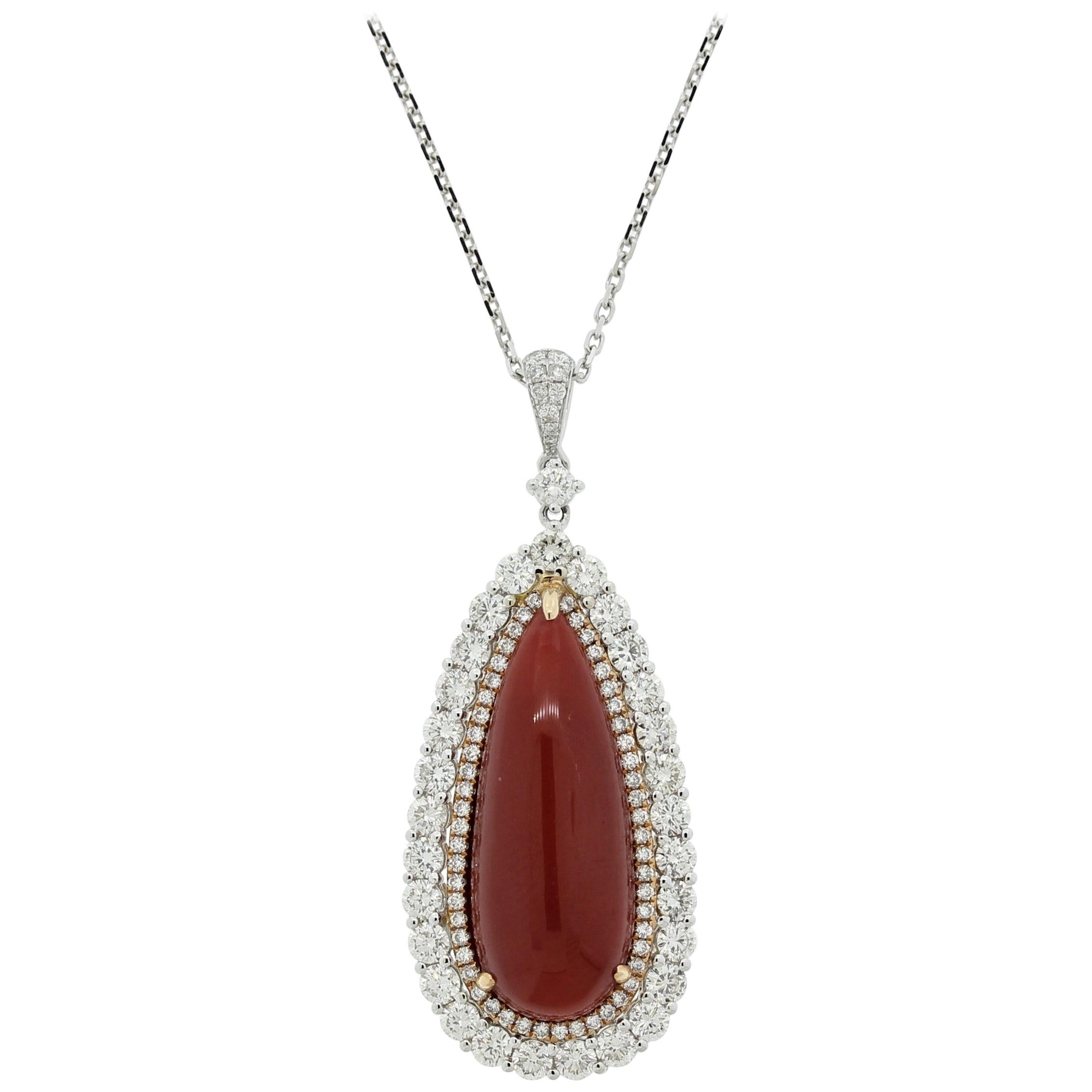 Red Coral Diamond Double-Halo Gold Drop Pendant For Sale
