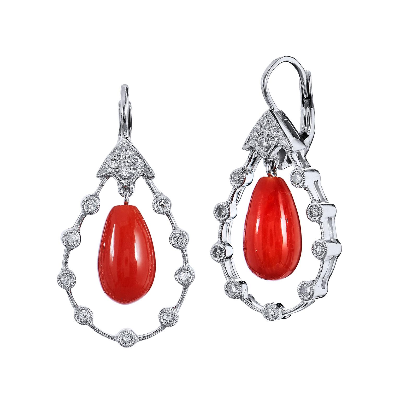 Women's Red Coral Diamond Drop Earrings