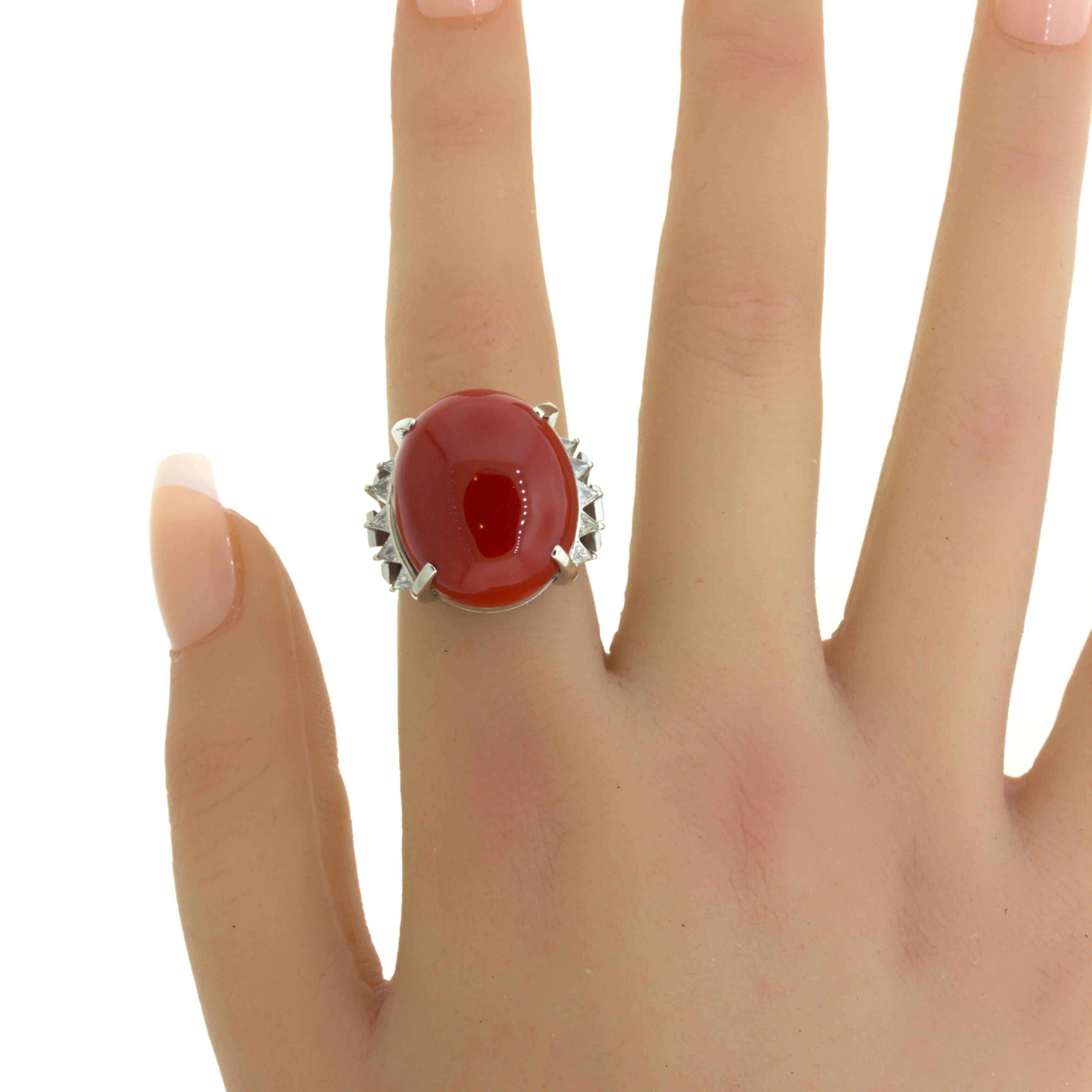 Red Coral Diamond Platinum Cocktail Ring For Sale 5