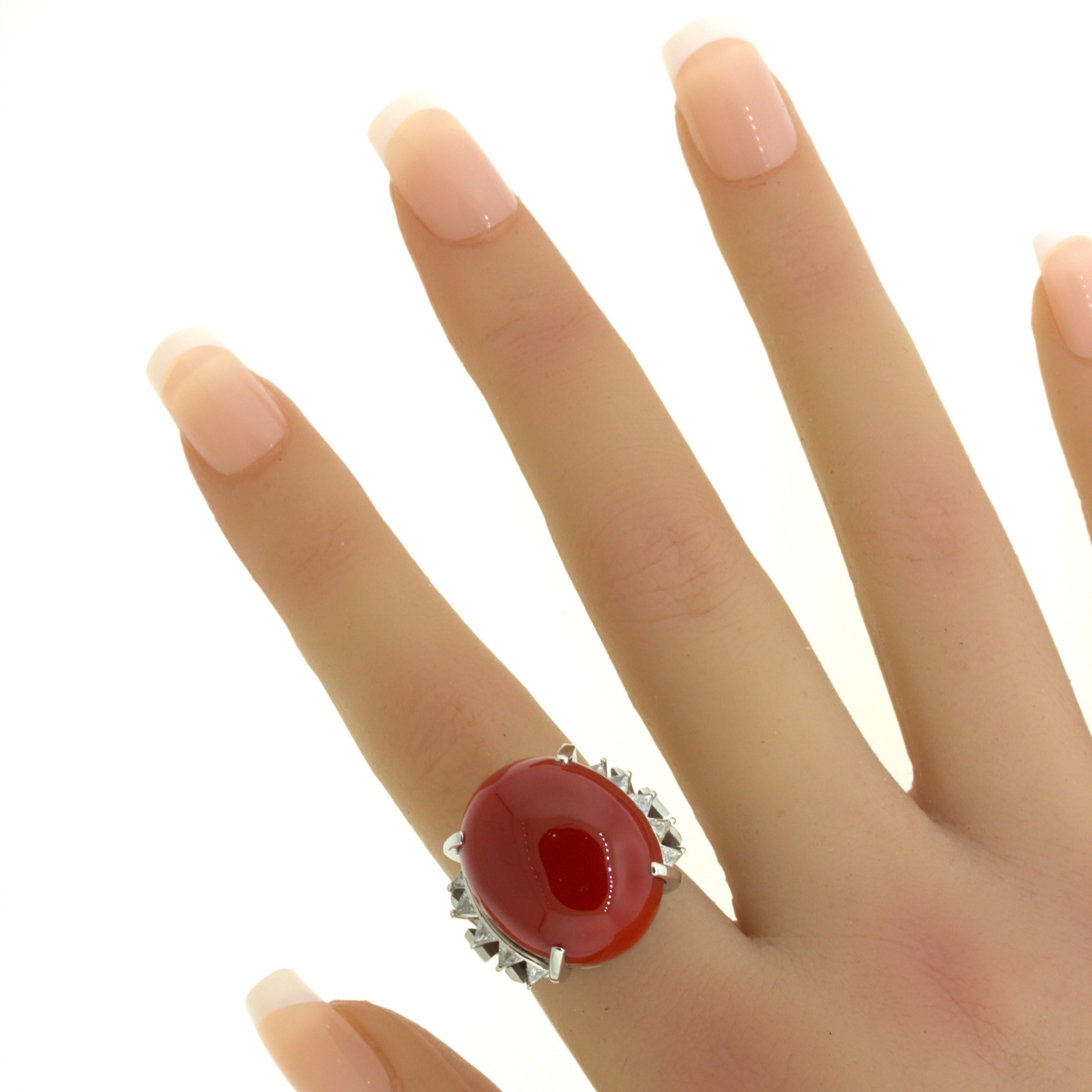 Red Coral Diamond Platinum Cocktail Ring For Sale 6
