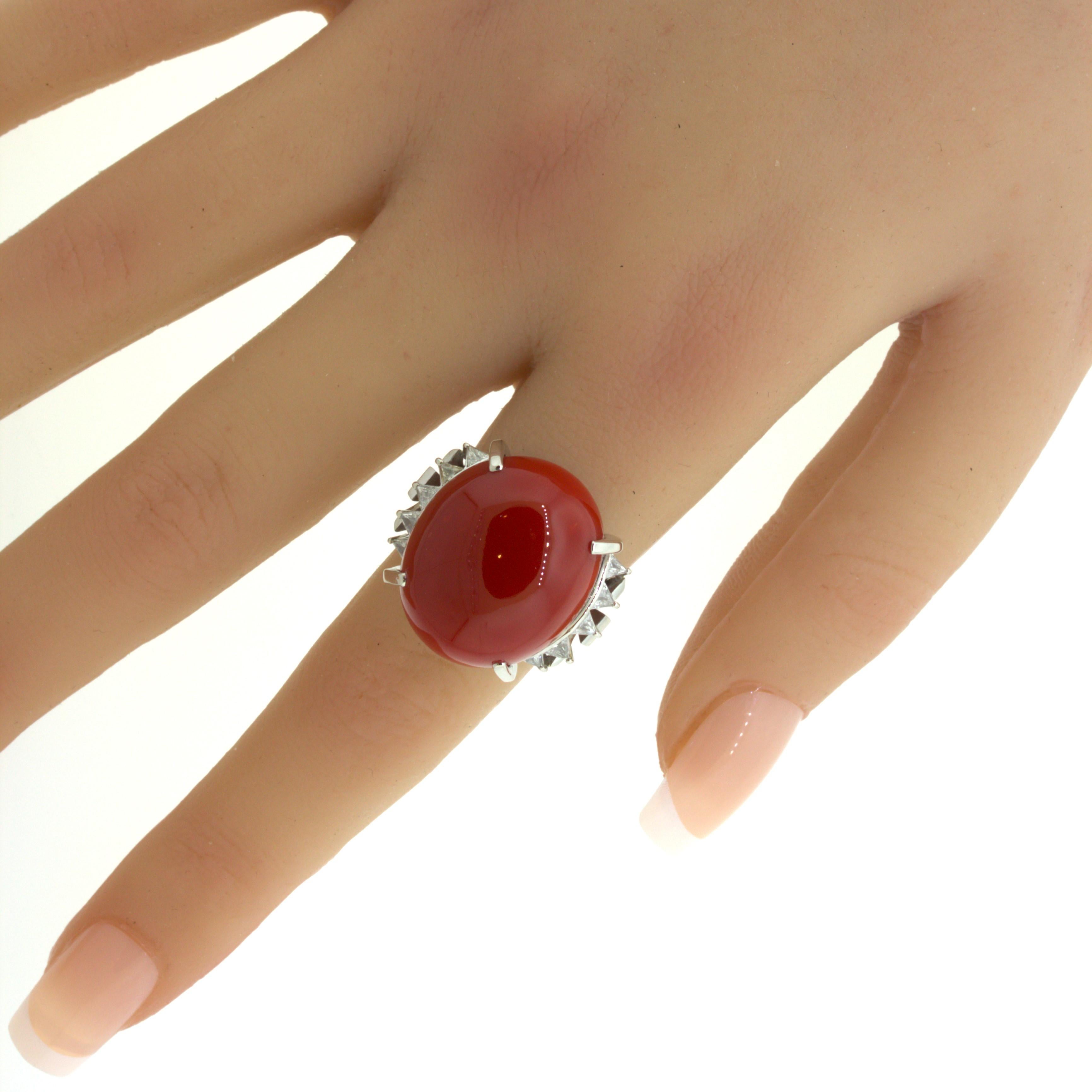 Red Coral Diamond Platinum Cocktail Ring For Sale 7