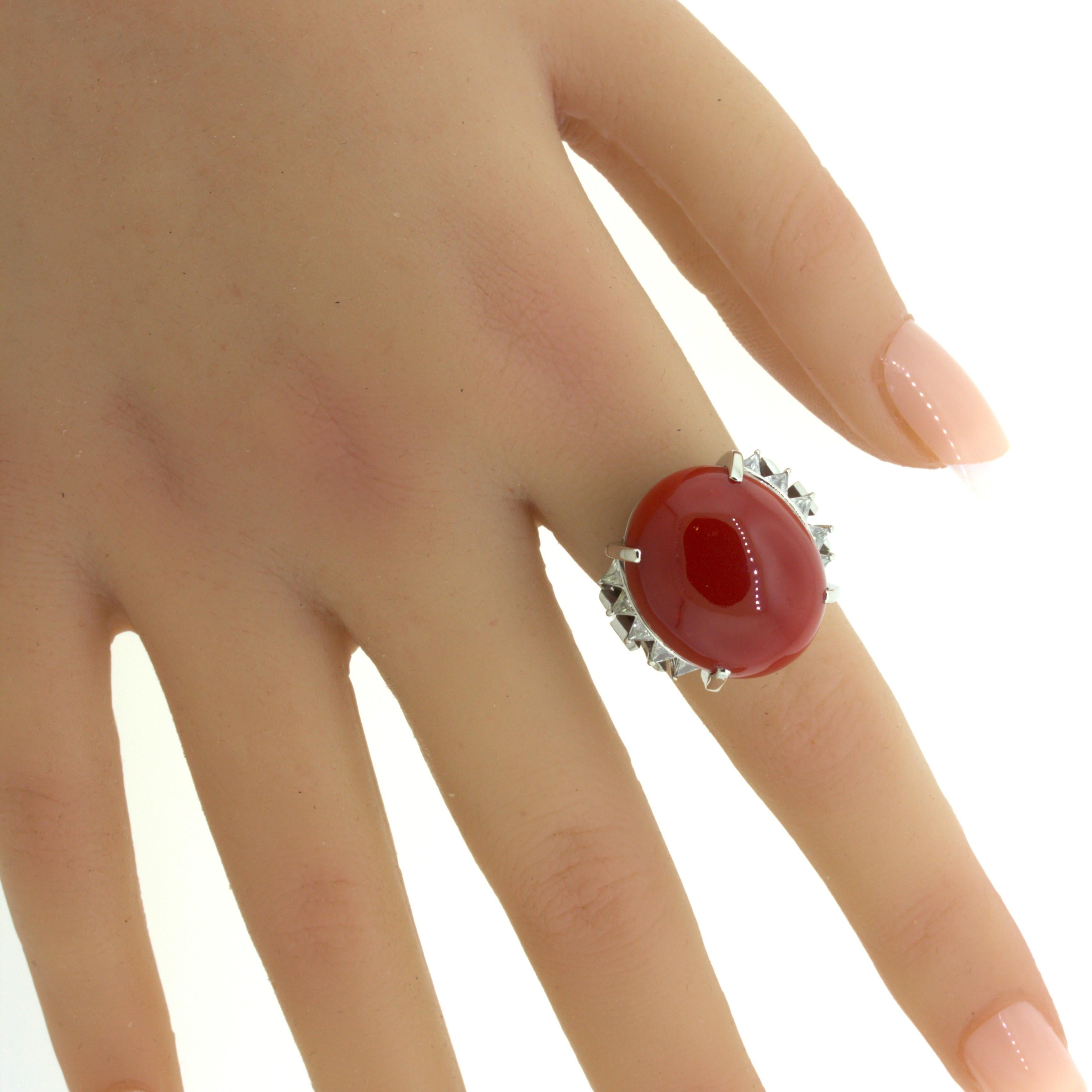 Red Coral Diamond Platinum Cocktail Ring For Sale 8