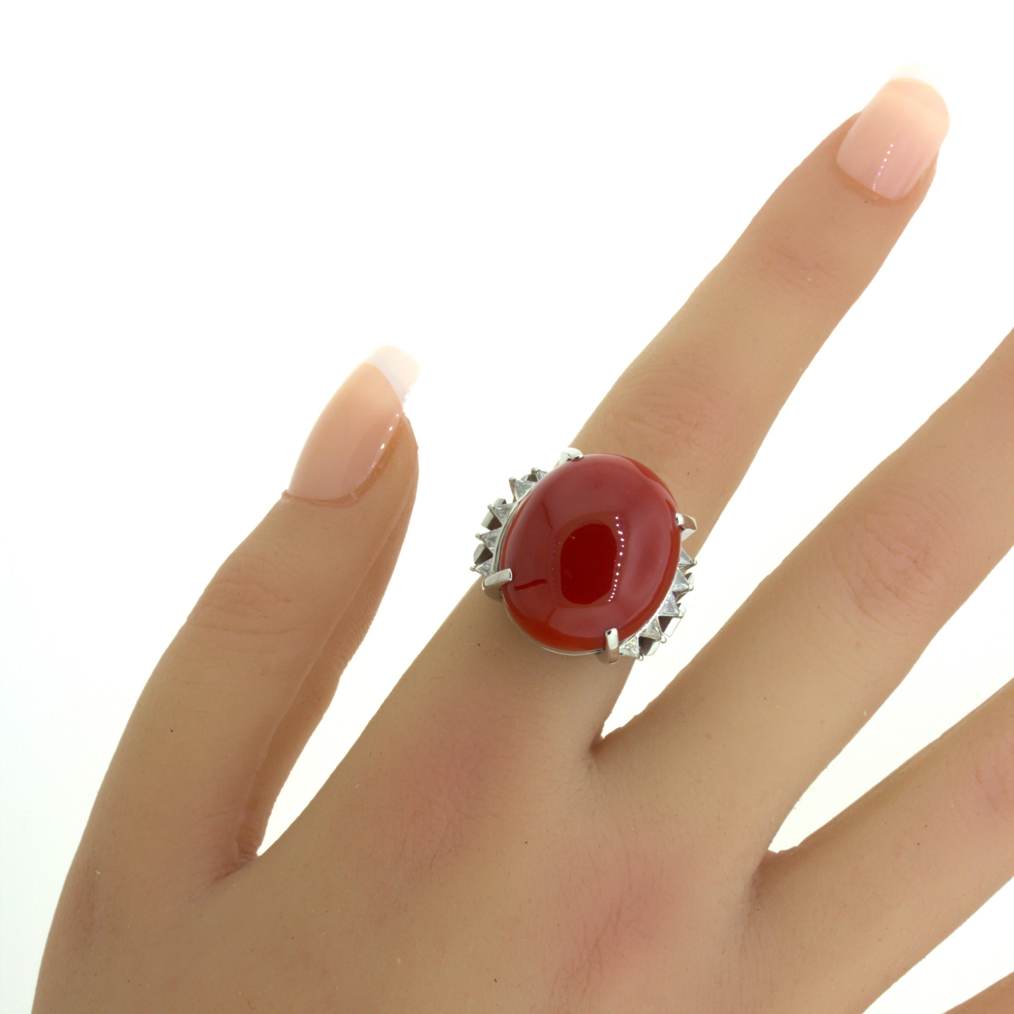 Red Coral Diamond Platinum Cocktail Ring For Sale 9