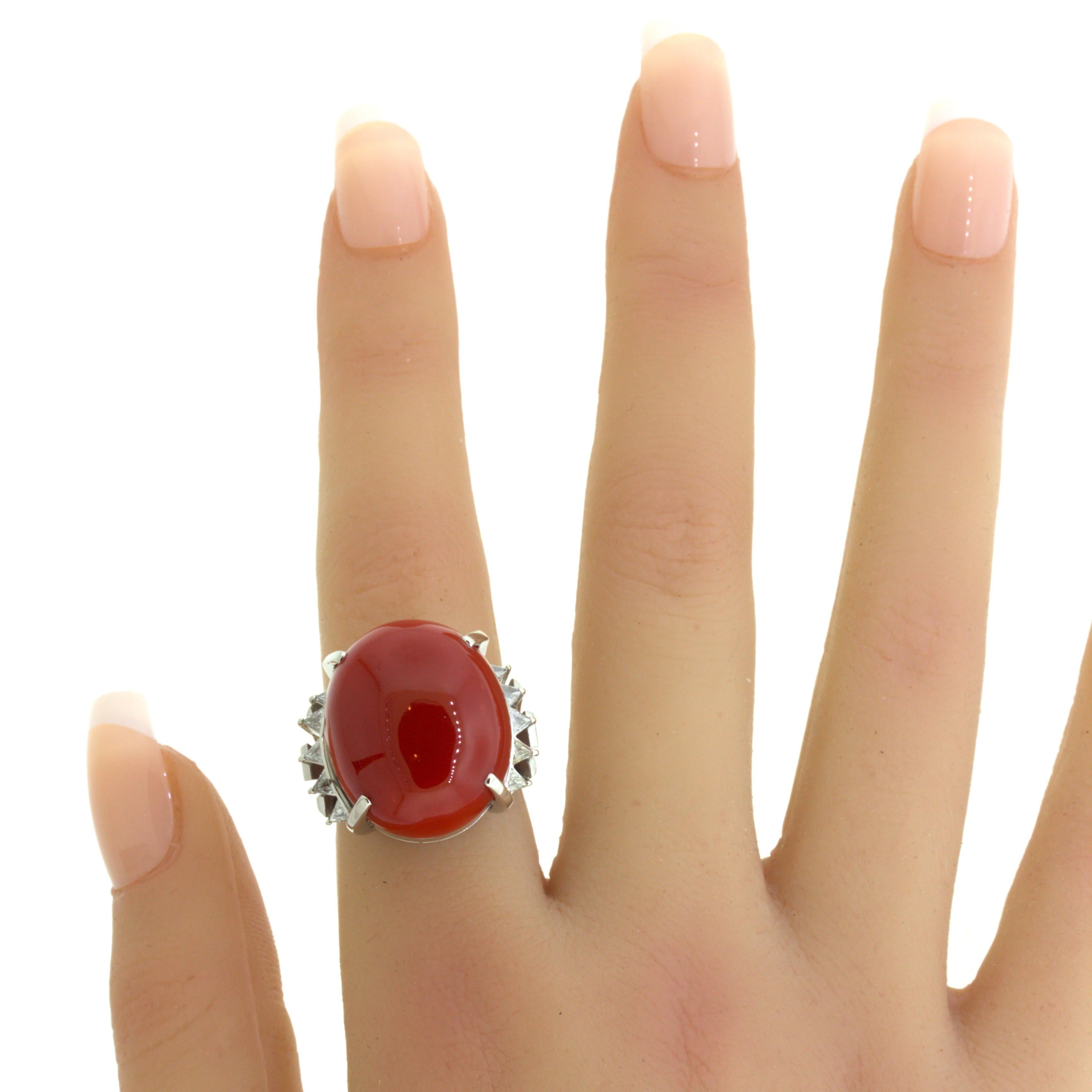 Red Coral Diamond Platinum Cocktail Ring For Sale 10