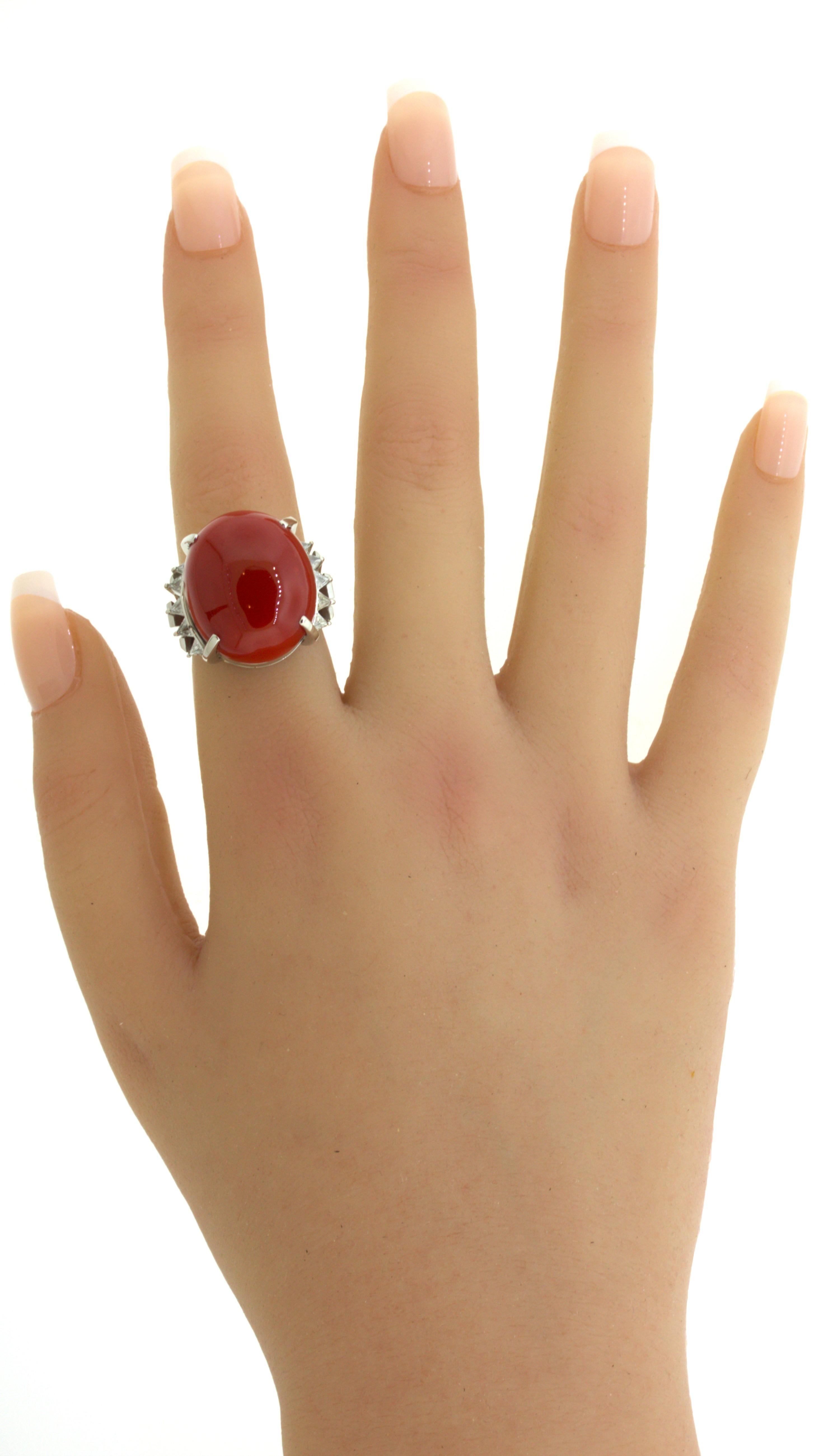 Red Coral Diamond Platinum Cocktail Ring For Sale 11